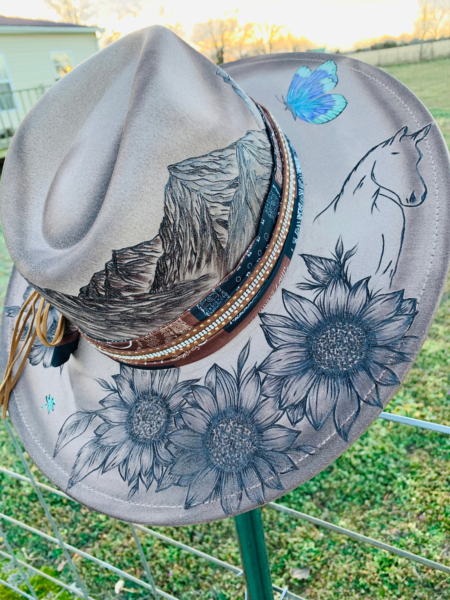 Hand Burned Rancher Hat "Dreaming of the Mountains" Design