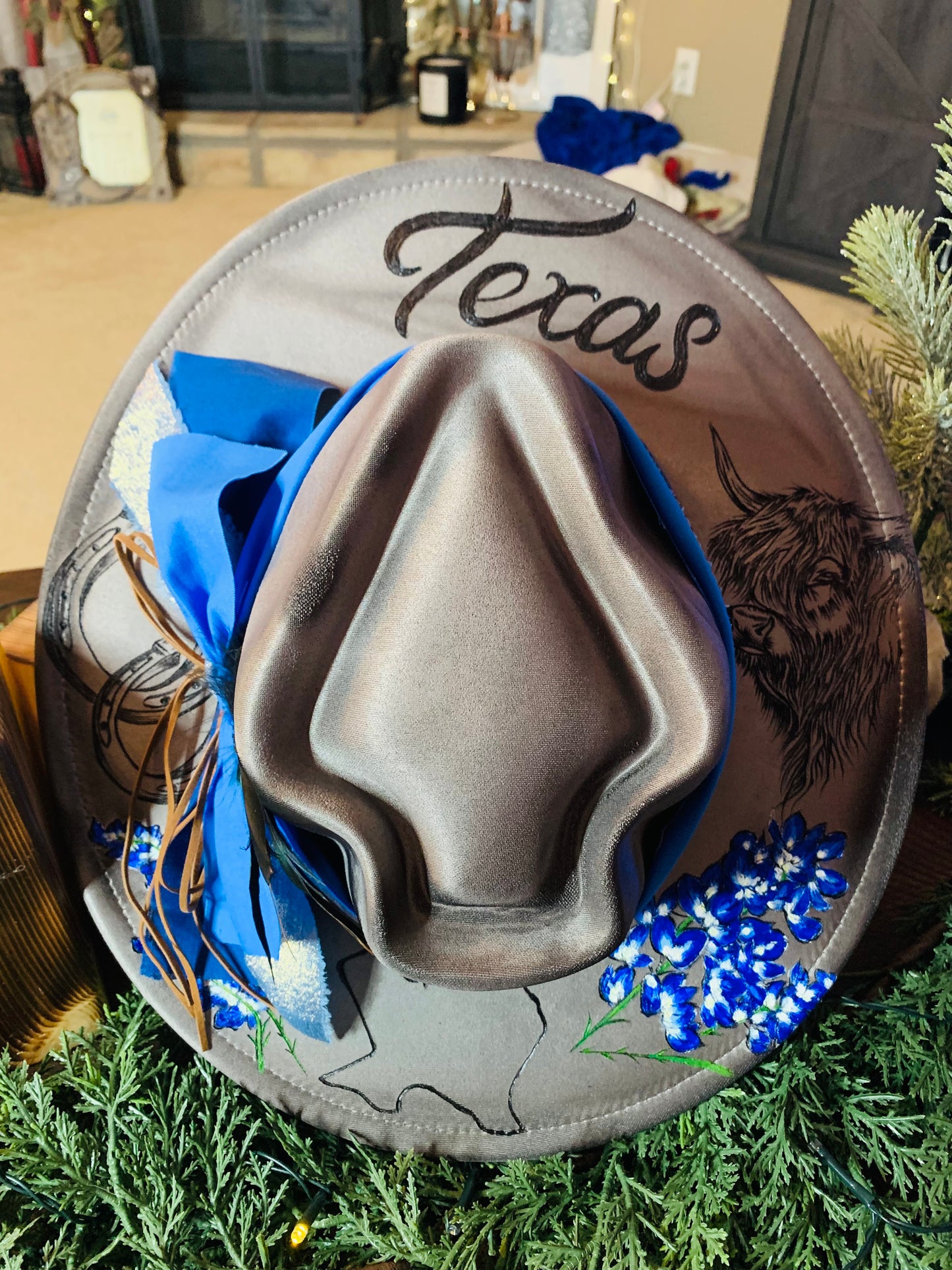 Hand Burned Arrowhead Rancher Hat "Texas Bluebonnet" Design