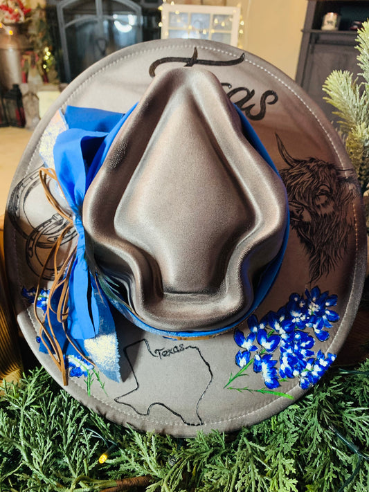 Hand Burned Arrowhead Rancher Hat "Texas Bluebonnet" Design