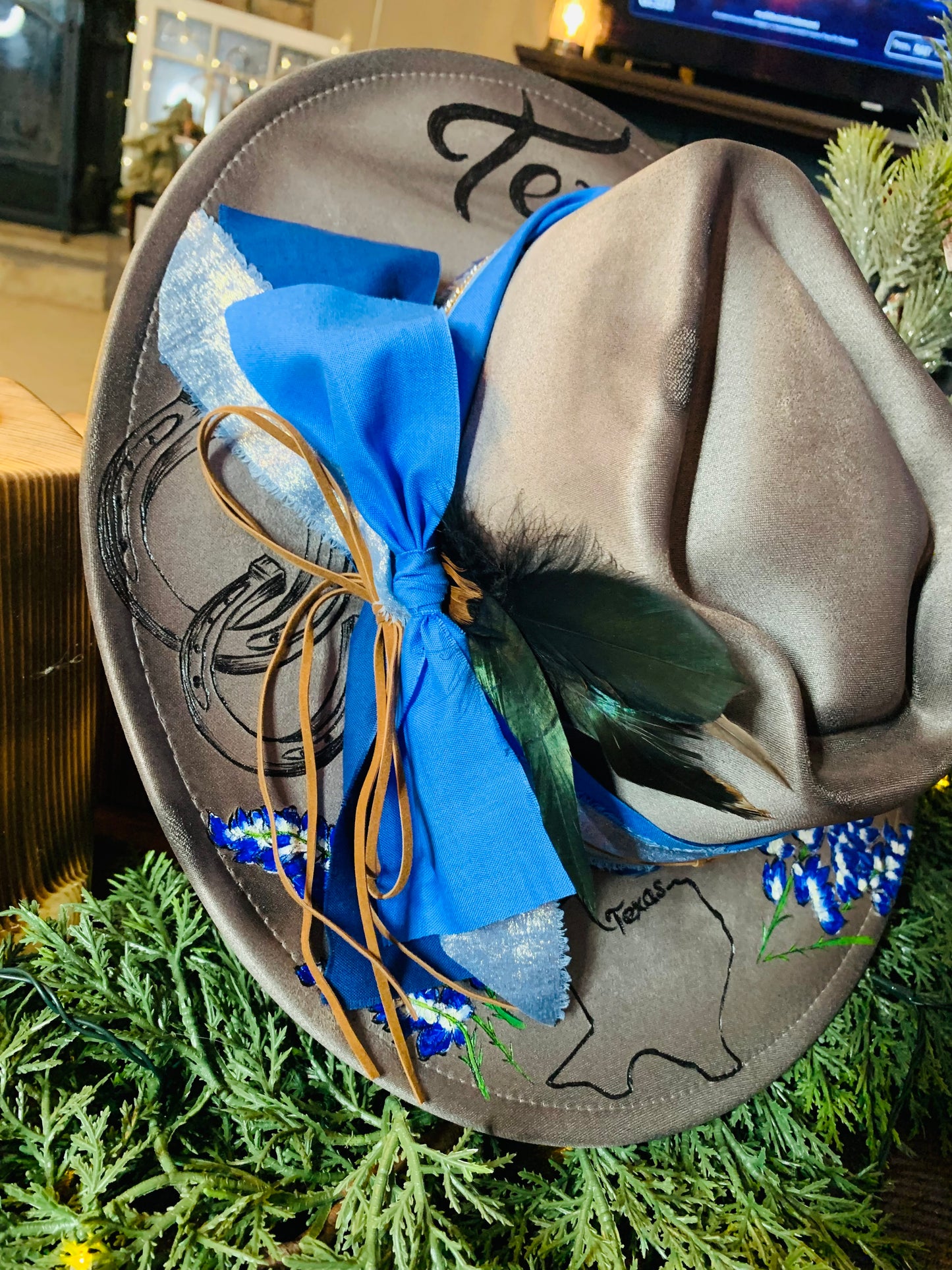 Hand Burned Arrowhead Rancher Hat "Texas Bluebonnet" Design