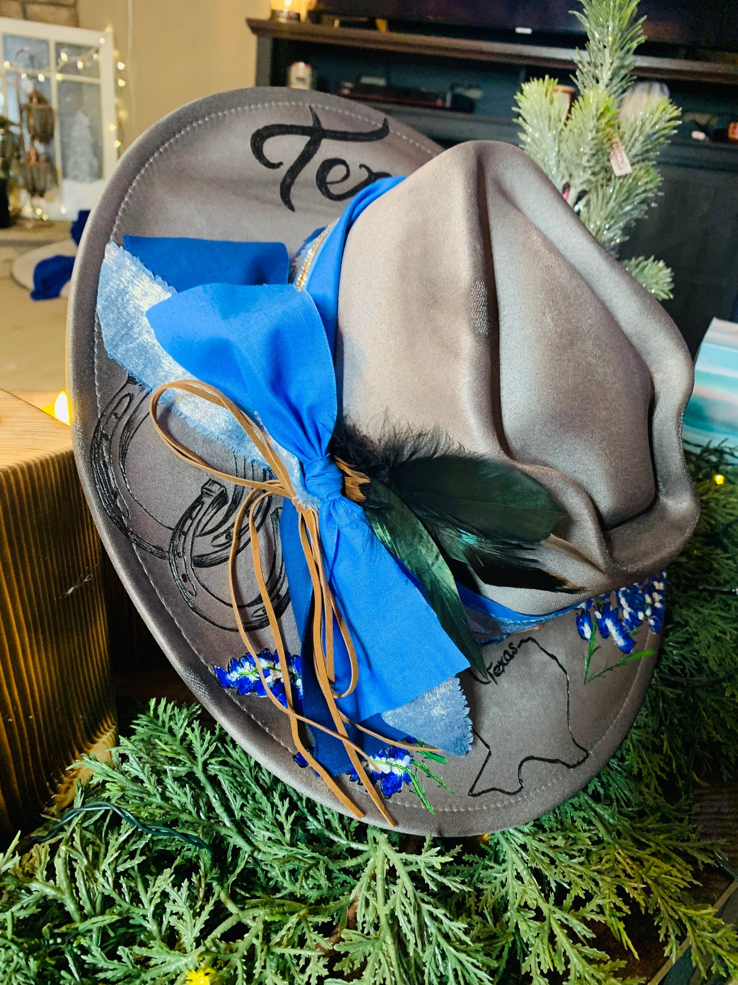 Hand Burned Arrowhead Rancher Hat "Texas Bluebonnet" Design