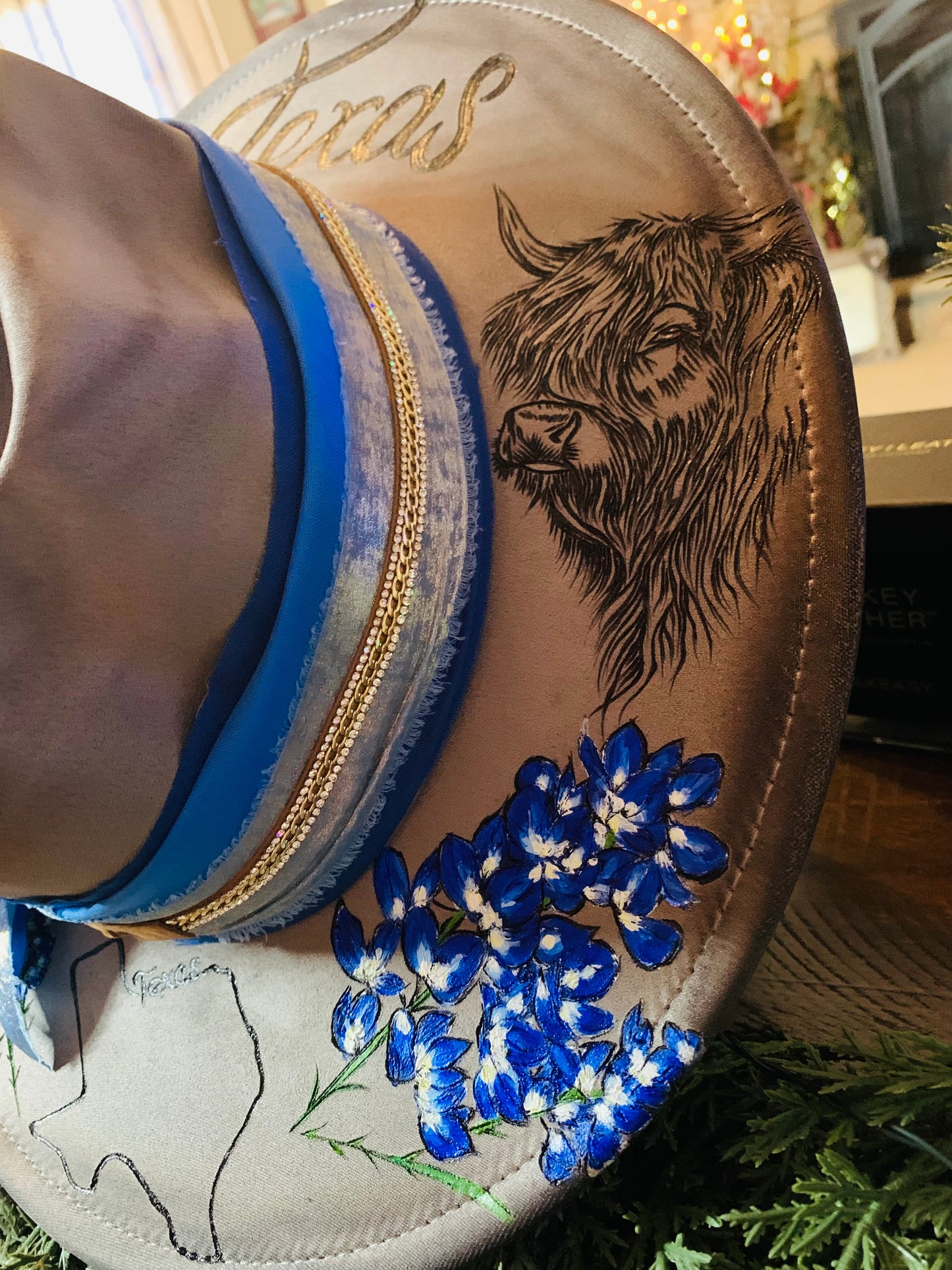 Hand Burned Arrowhead Rancher Hat "Texas Bluebonnet" Design