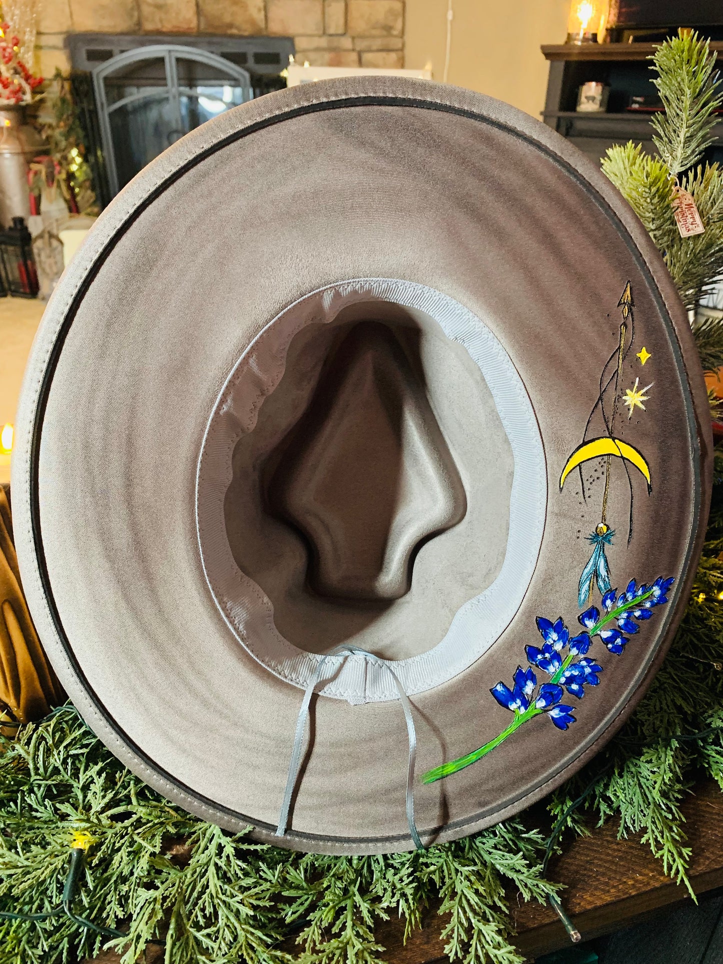 Hand Burned Arrowhead Rancher Hat "Texas Bluebonnet" Design