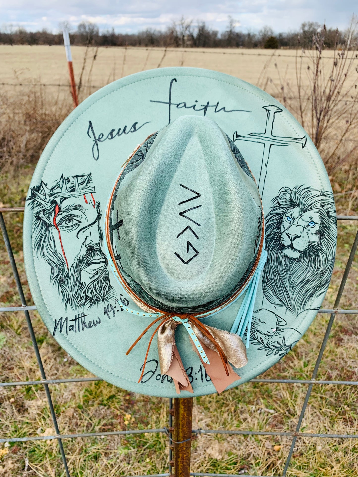 Hand Burned Rancher Hat "Jesus" Design