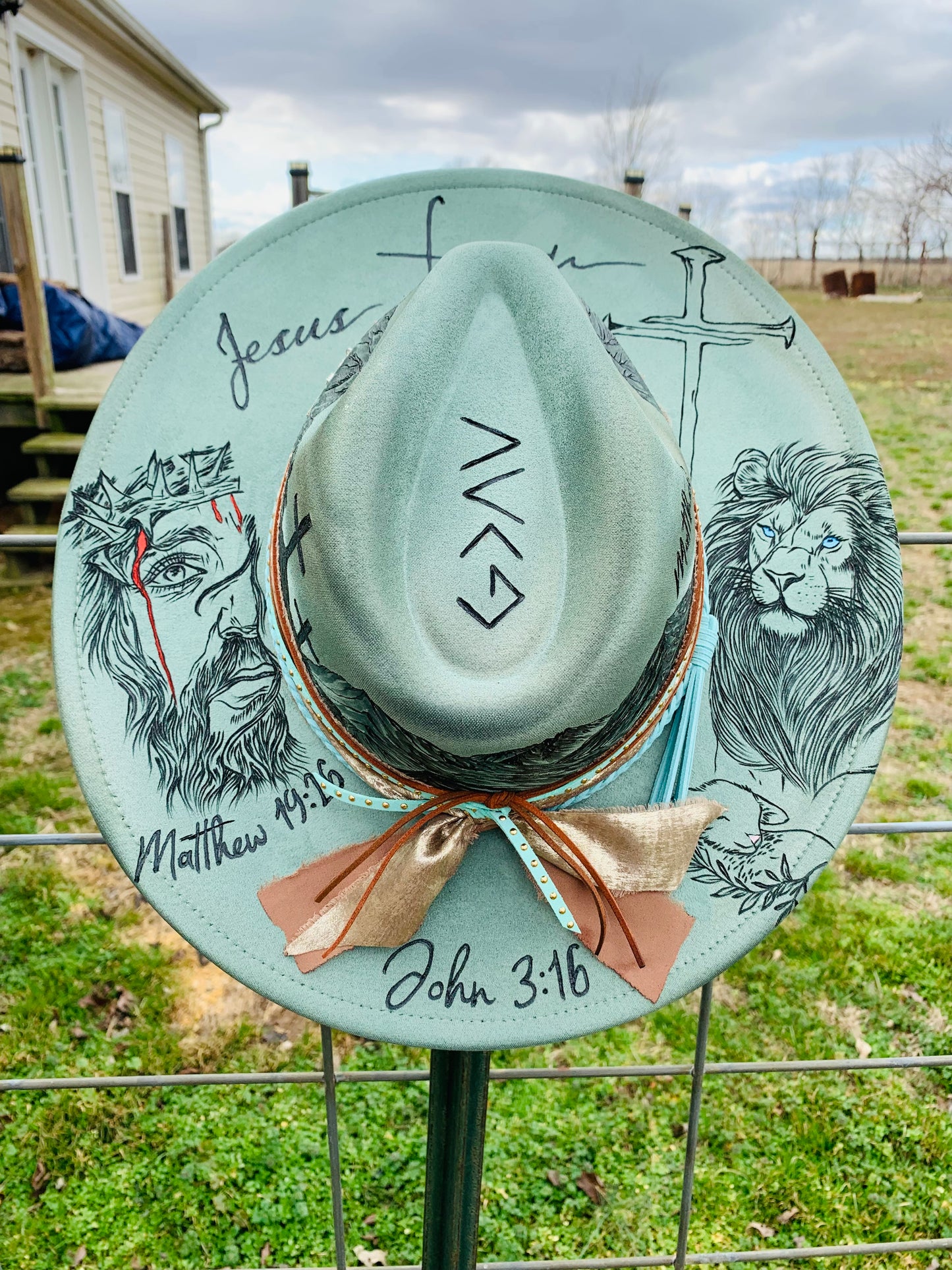 Hand Burned Rancher Hat "Jesus" Design