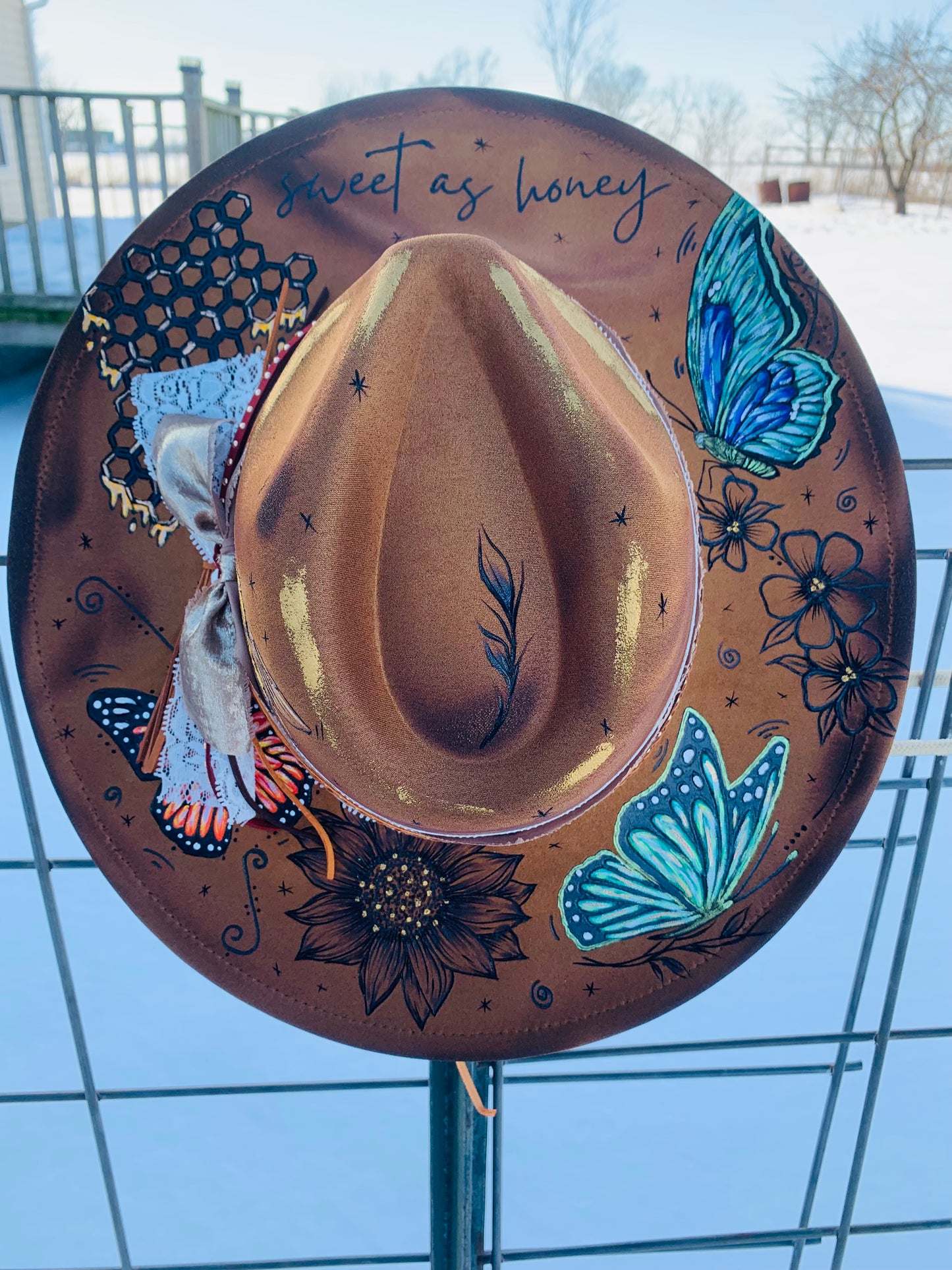Hand Burned Rancher Hat "Sweet as Honey" Design