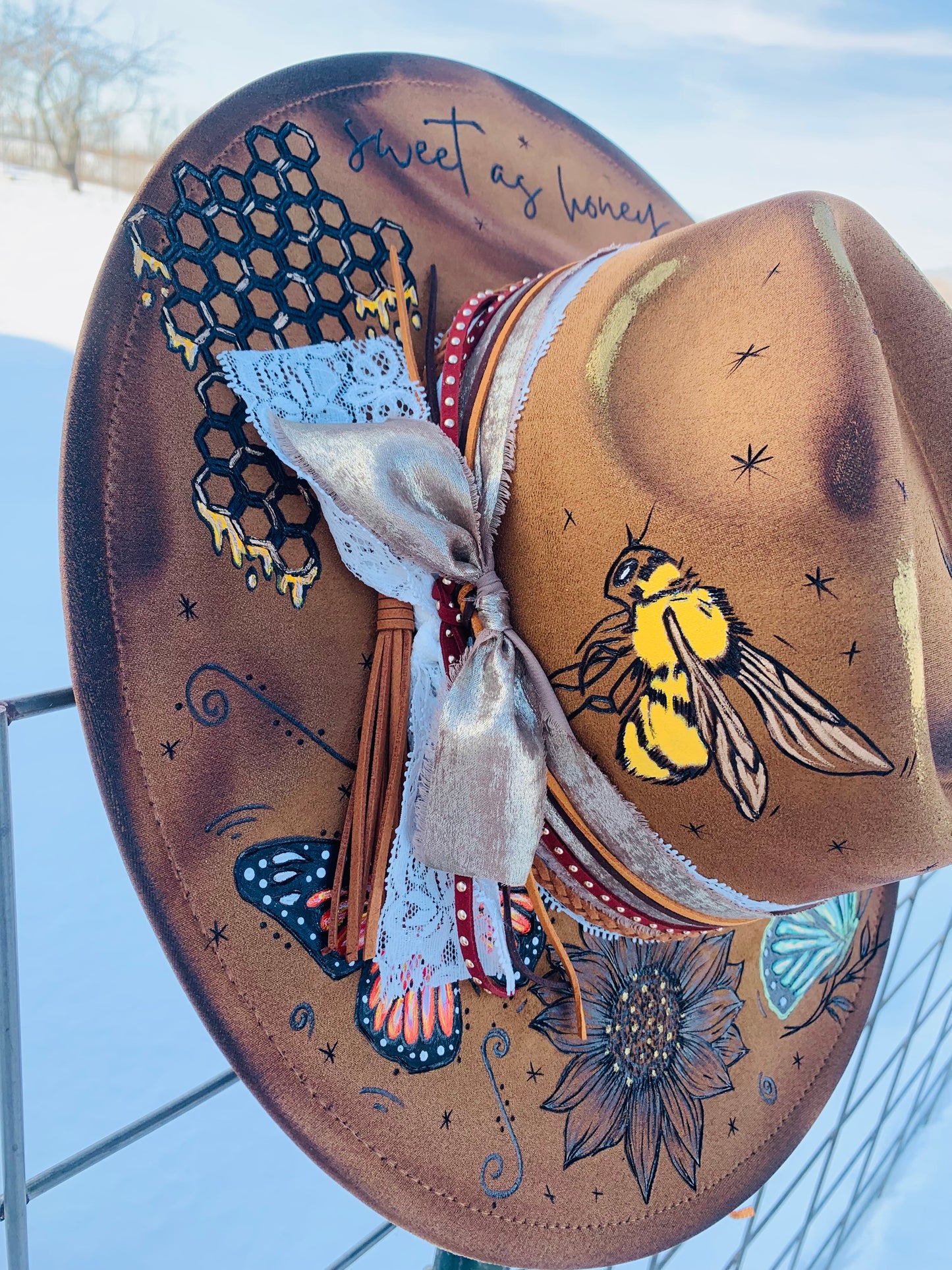 Hand Burned Rancher Hat "Sweet as Honey" Design