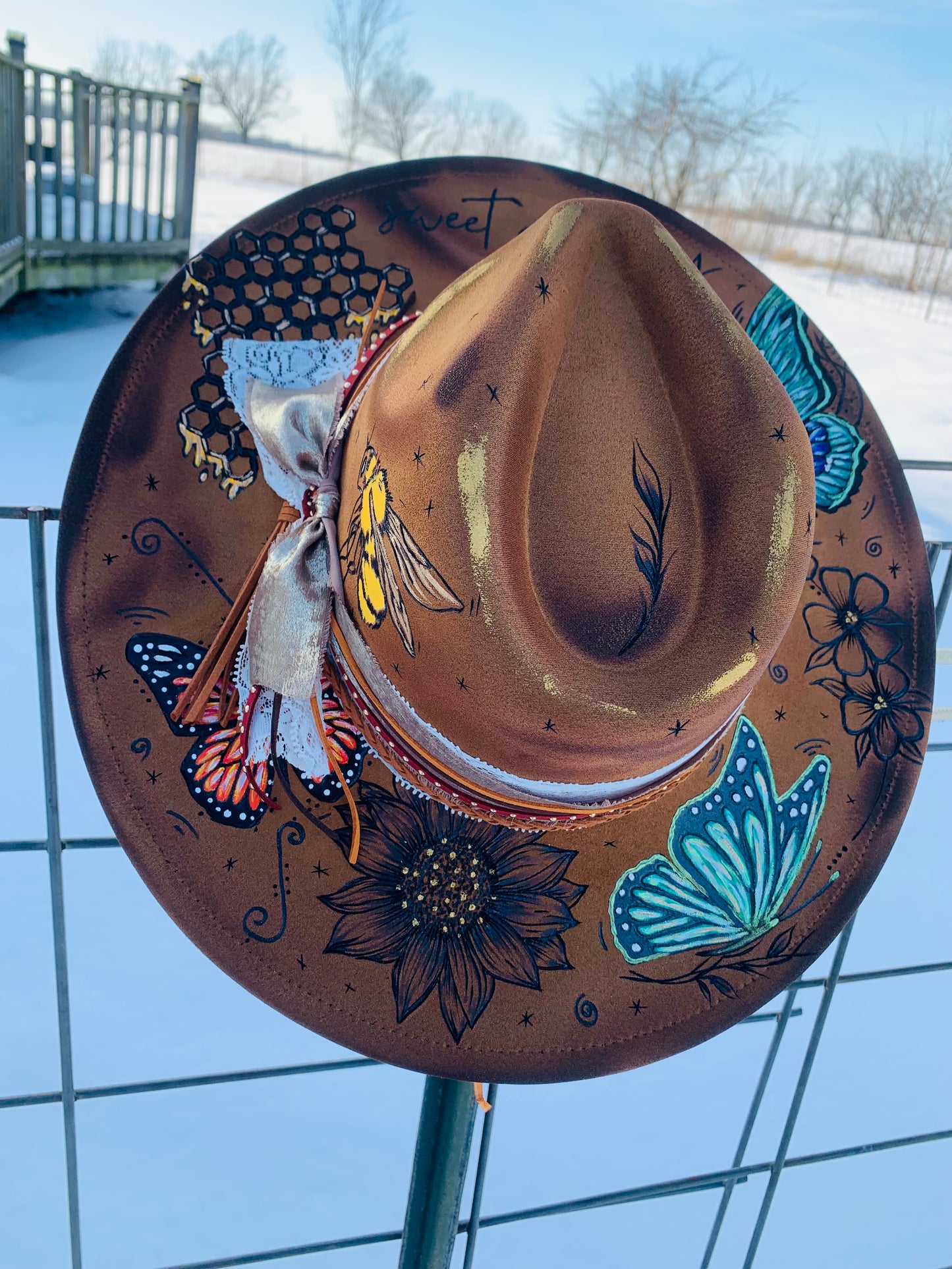 Hand Burned Rancher Hat "Sweet as Honey" Design