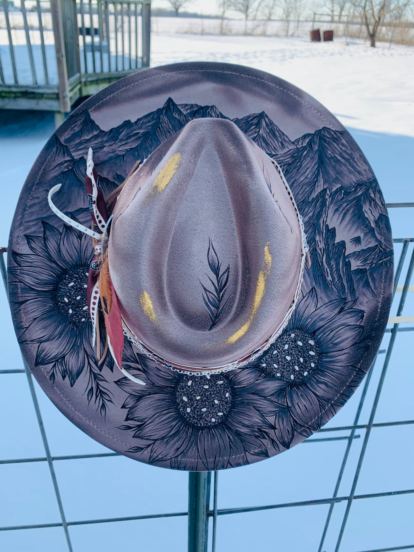 Hand Burned Rancher Hat "Mountains and Sunflowers" Design