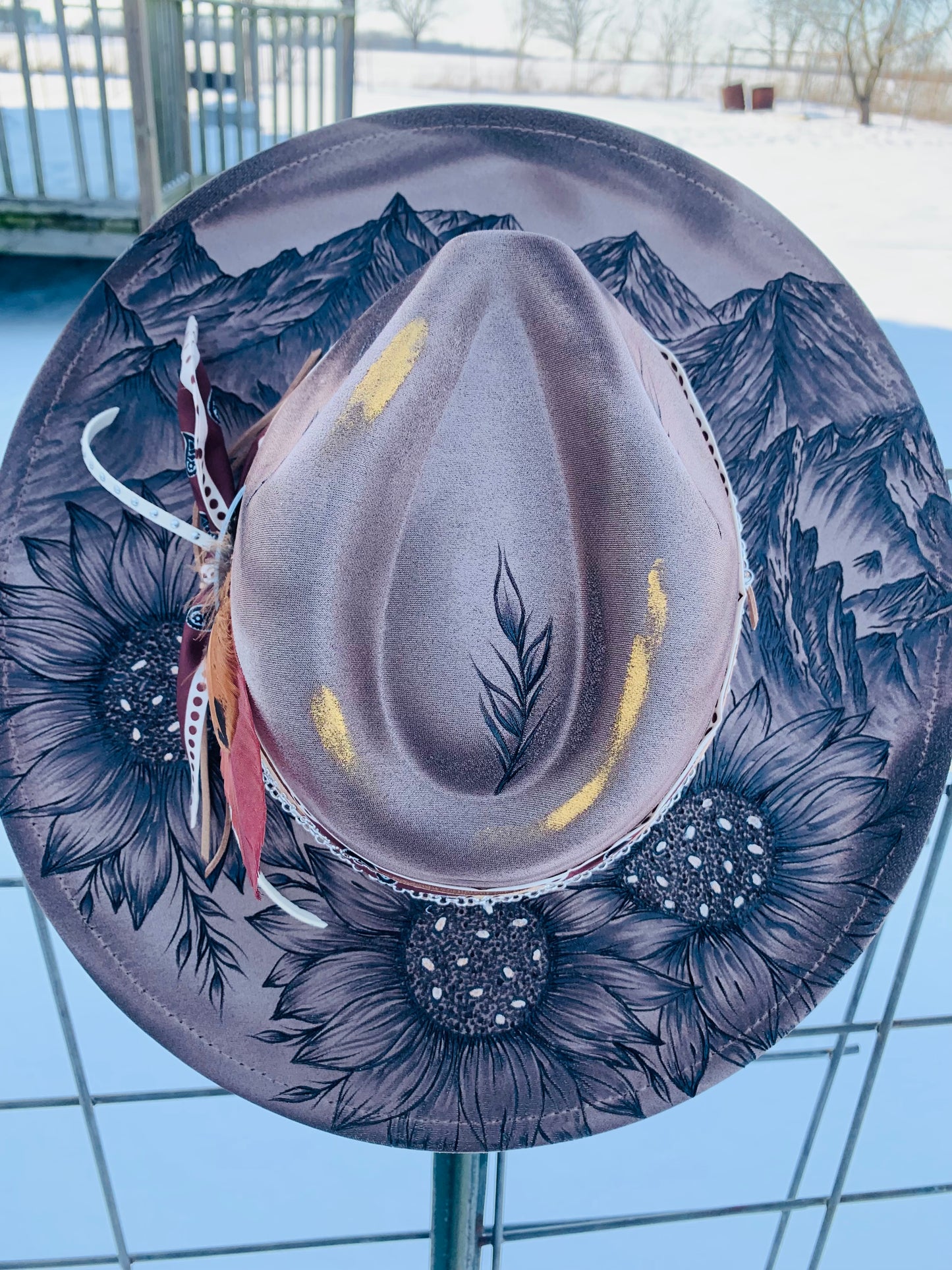 Hand Burned Rancher Hat "Mountains and Sunflowers" Design