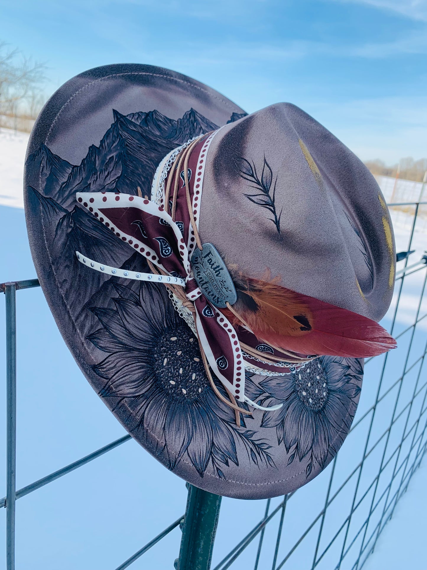 Hand Burned Rancher Hat "Mountains and Sunflowers" Design