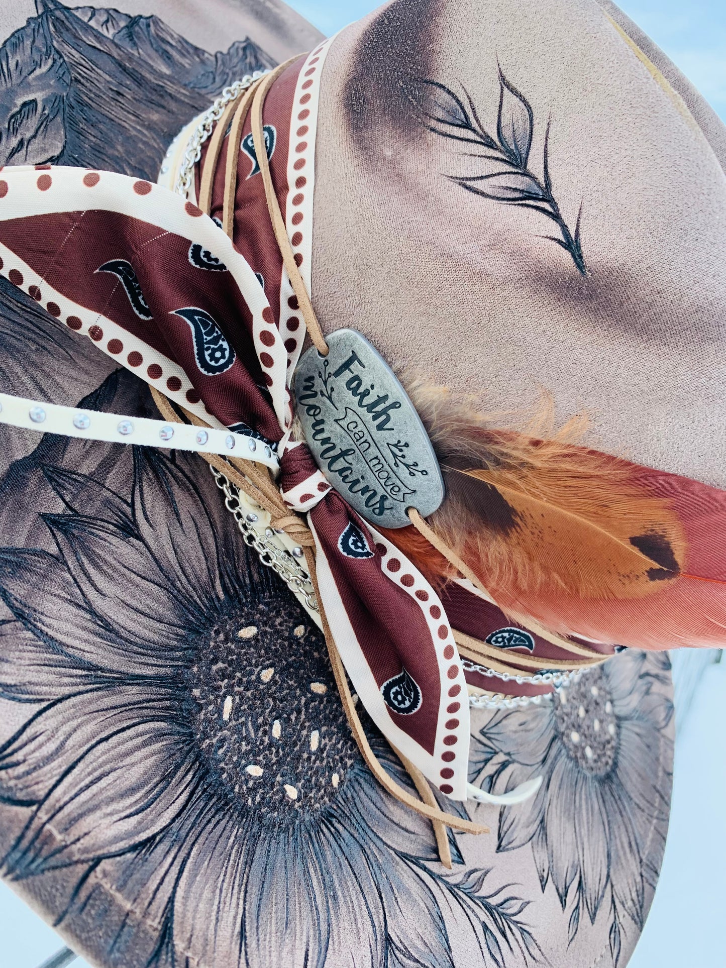 Hand Burned Rancher Hat "Mountains and Sunflowers" Design