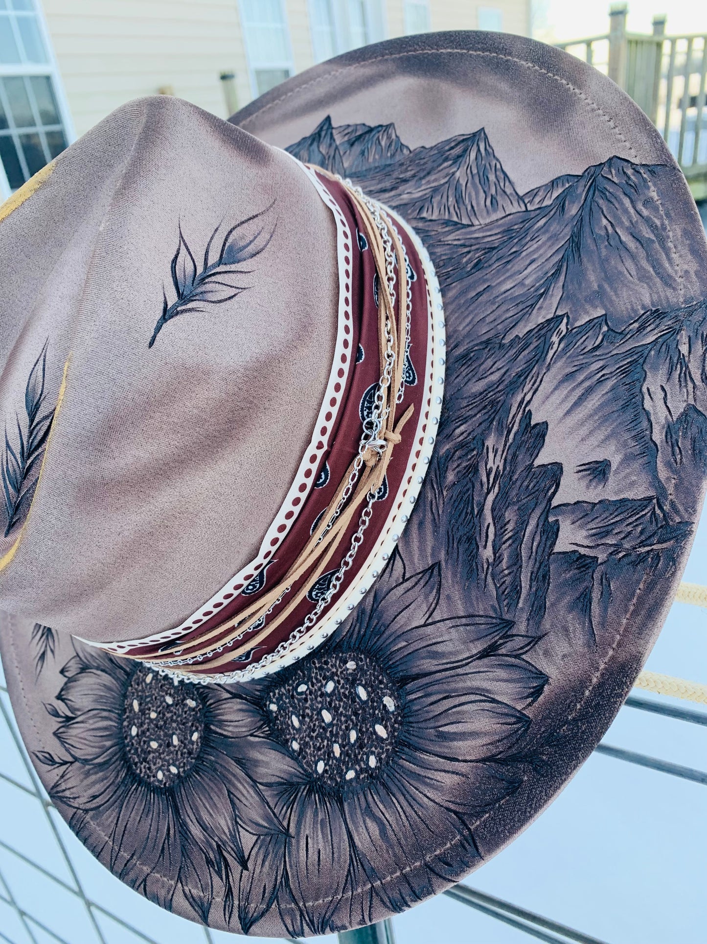 Hand Burned Rancher Hat "Mountains and Sunflowers" Design
