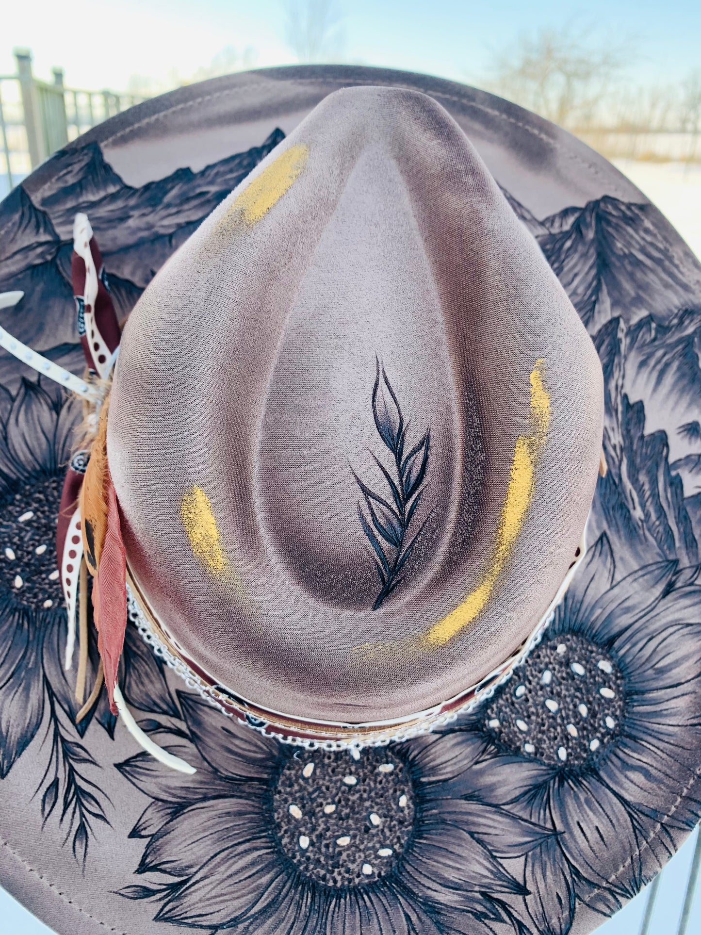 Hand Burned Rancher Hat "Mountains and Sunflowers" Design