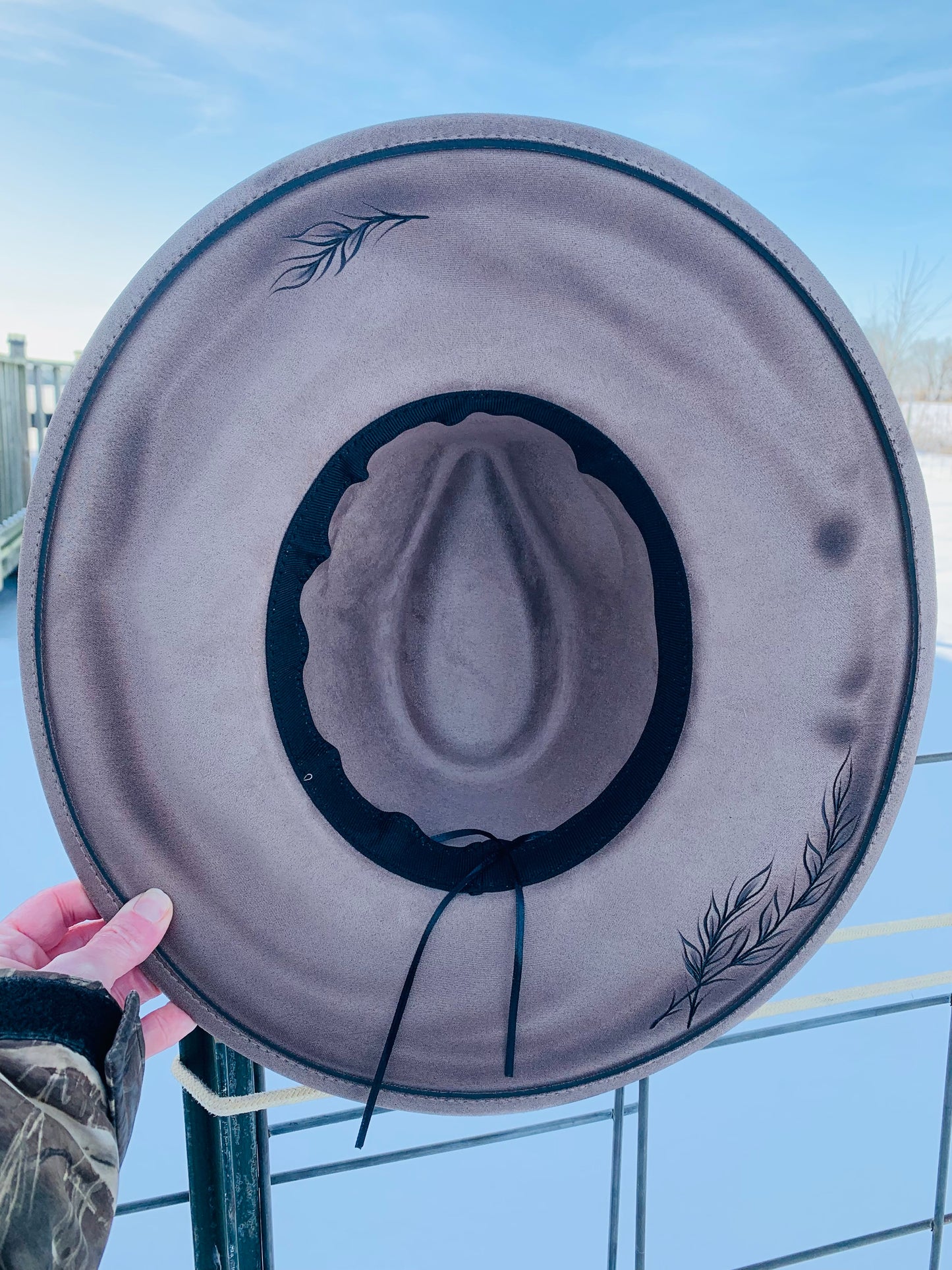 Hand Burned Rancher Hat "Mountains and Sunflowers" Design