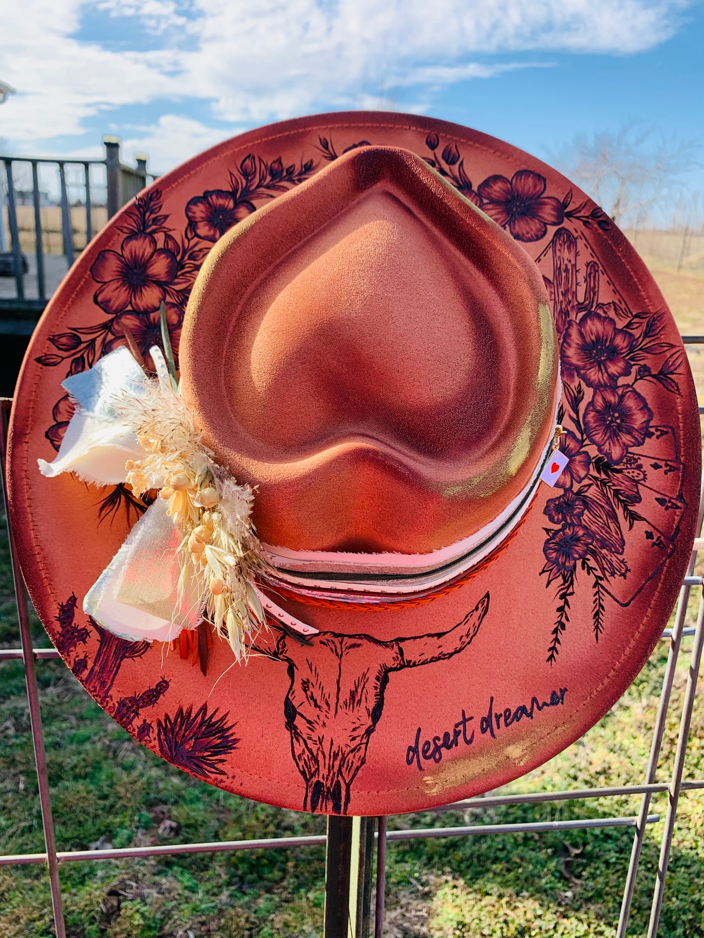 Hand Burned Heart Rancher Hat with "Desert Dreamer" Design