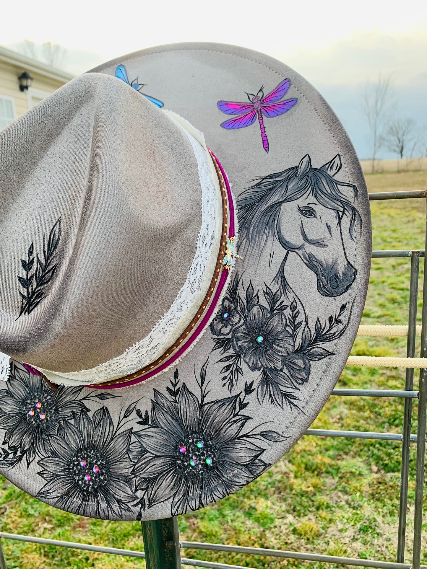 Hand Burned Rancher Hat "Dragonflies & Angels" Design