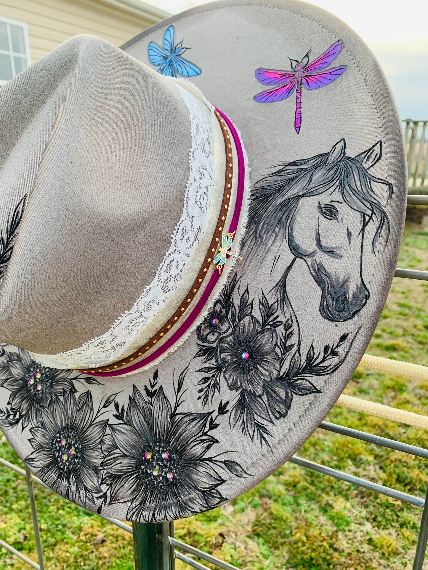 Hand Burned Rancher Hat "Dragonflies & Angels" Design