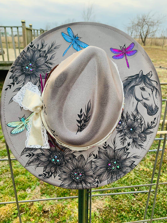 Hand Burned Rancher Hat "Dragonflies & Angels" Design