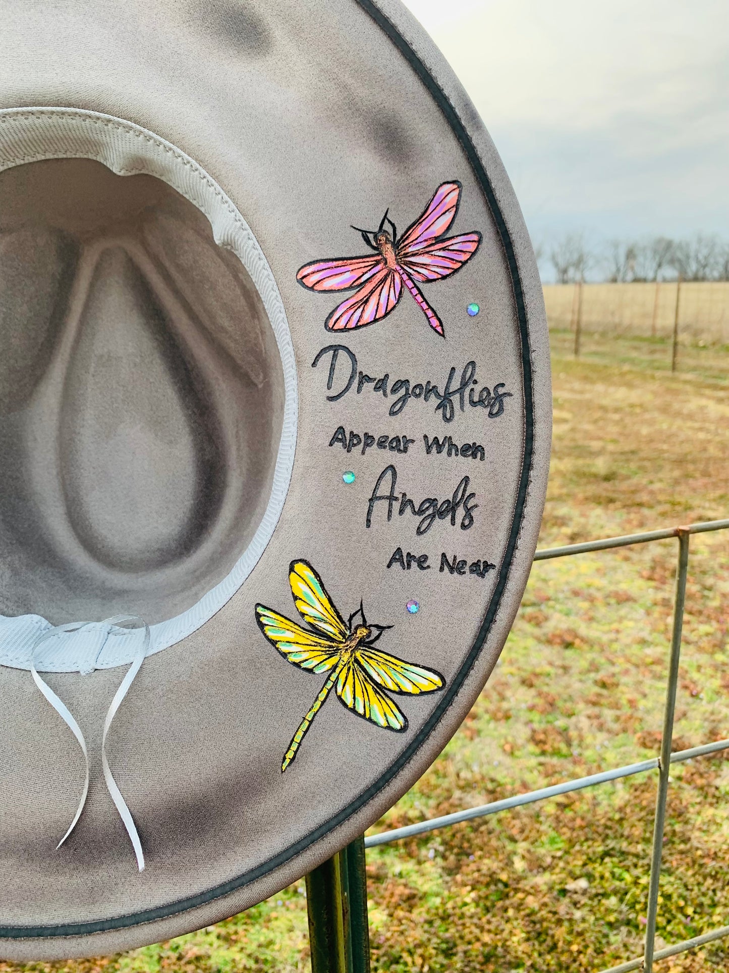 Hand Burned Rancher Hat "Dragonflies & Angels" Design