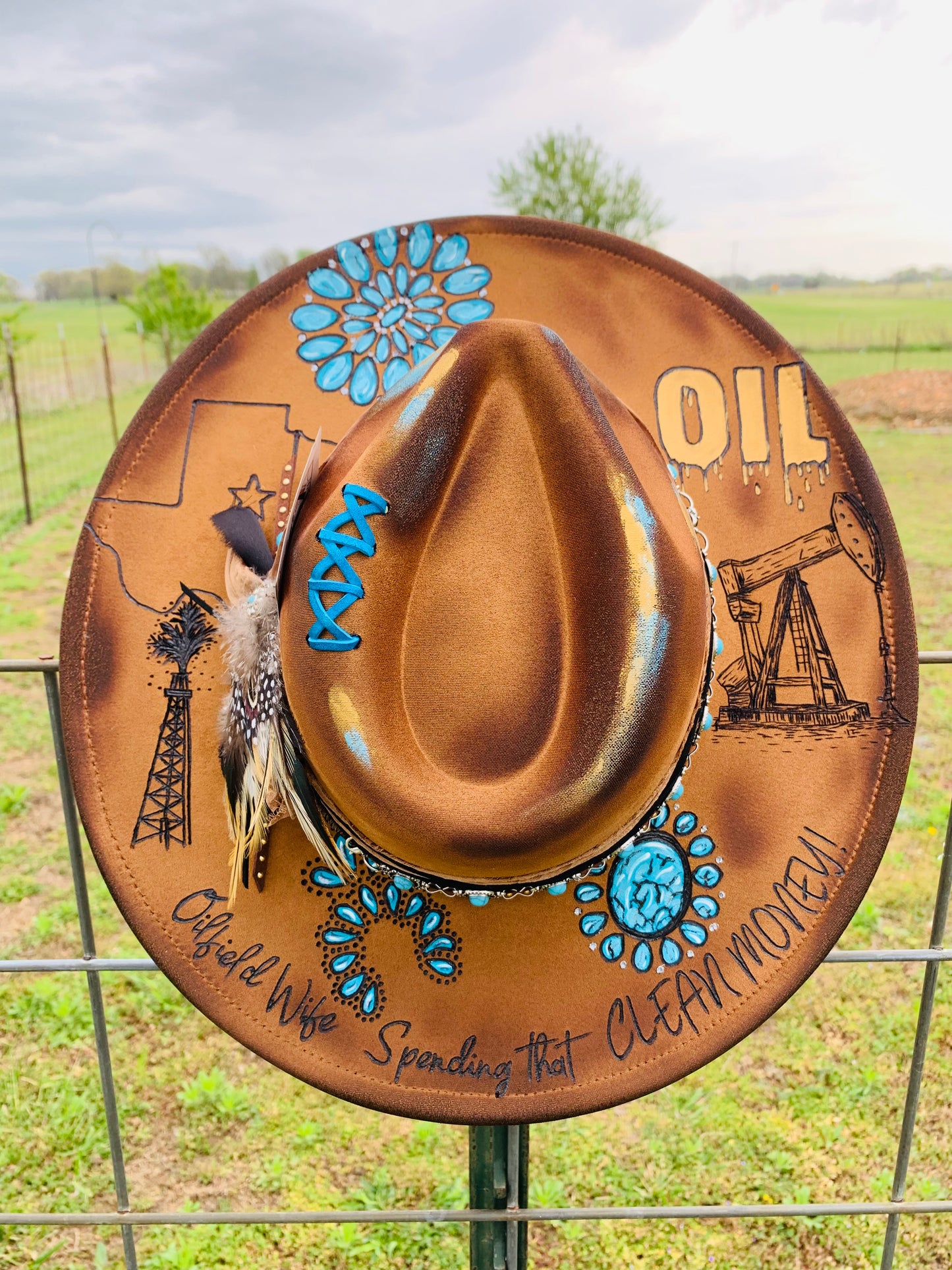 Hand Burned Rancher Hat "Black Gold" Design