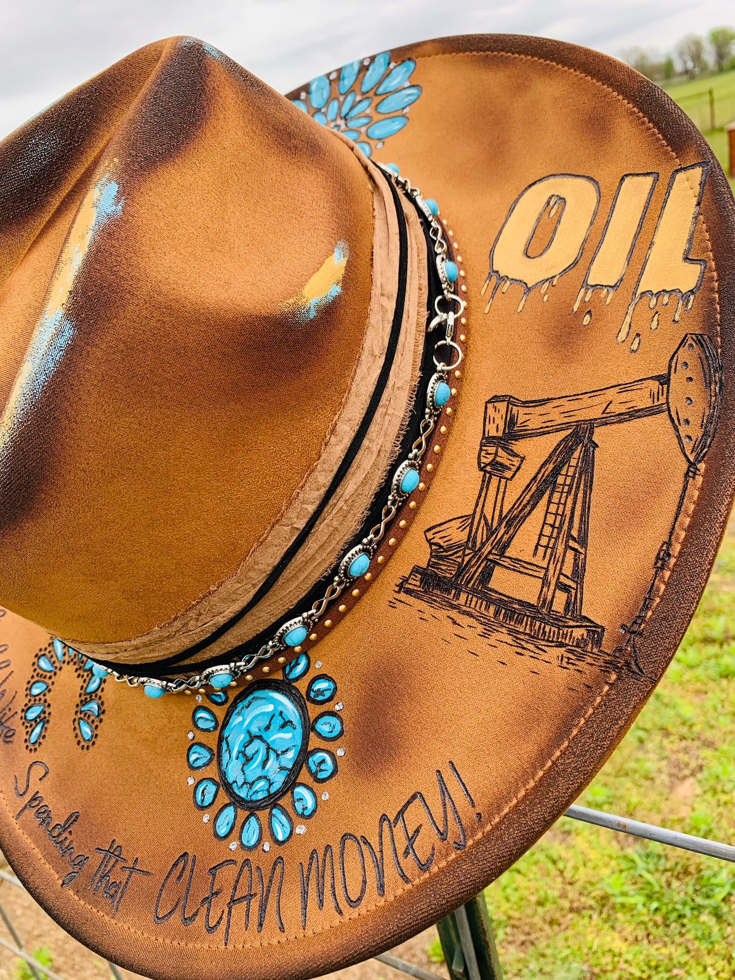 Hand Burned Rancher Hat "Black Gold" Design