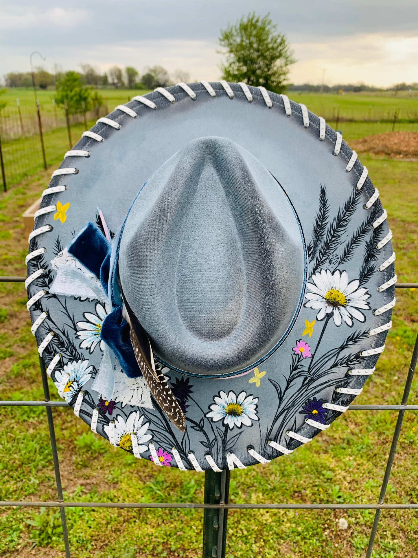 Hand Burned/Hand Painted Rancher Hat "Wild Daisies" Design
