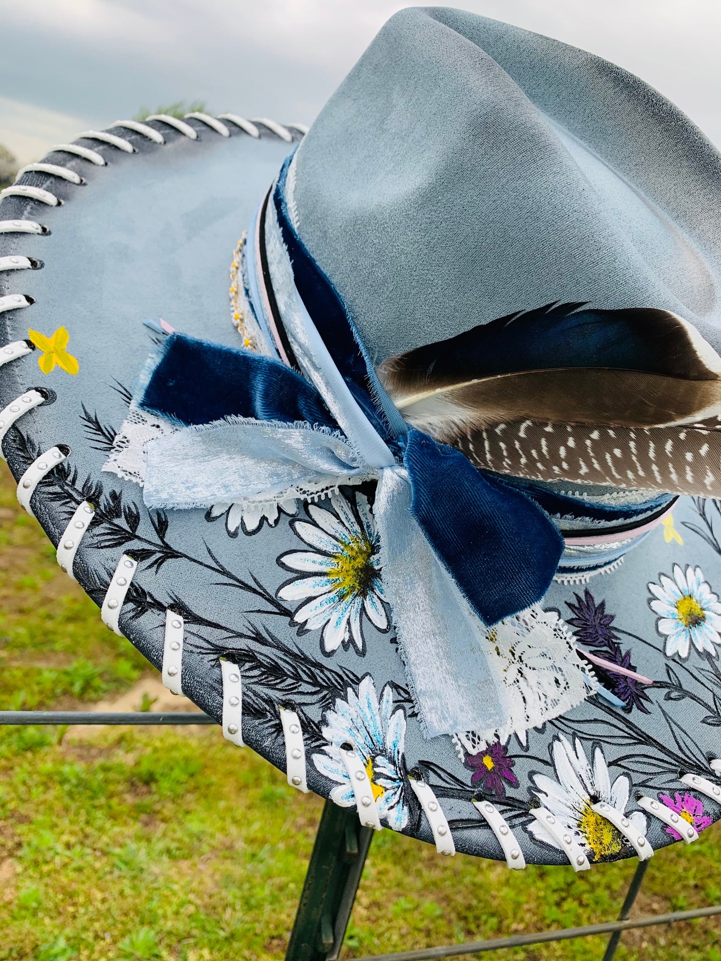 Hand Burned/Hand Painted Rancher Hat "Wild Daisies" Design