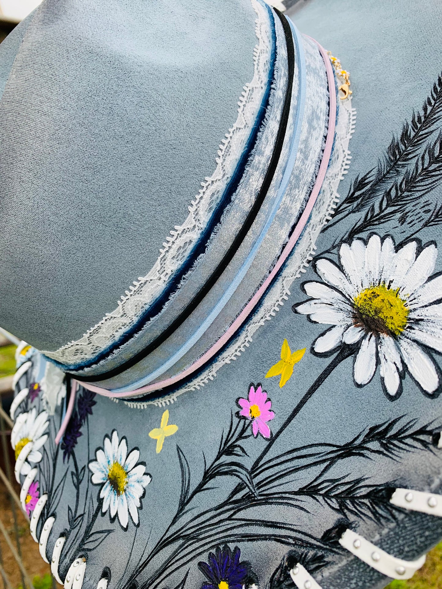 Hand Burned/Hand Painted Rancher Hat "Wild Daisies" Design