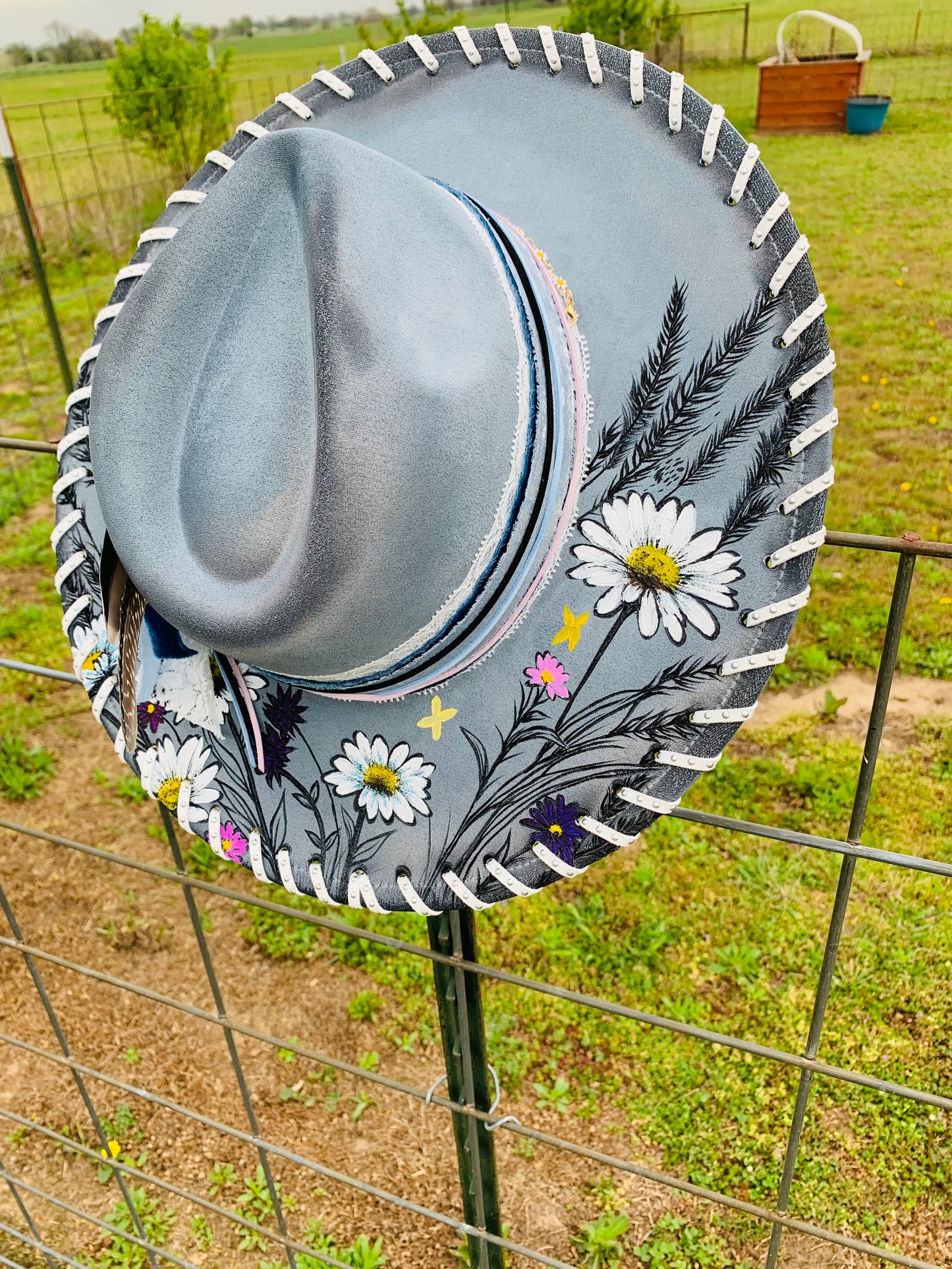 Hand Burned/Hand Painted Rancher Hat "Wild Daisies" Design