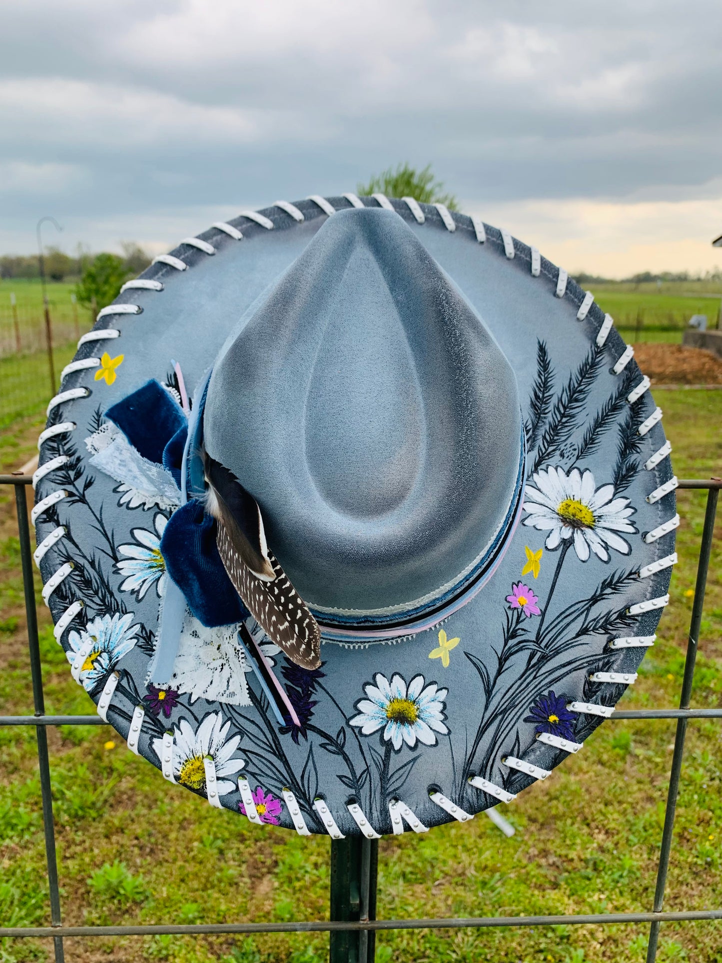 Hand Burned/Hand Painted Rancher Hat "Wild Daisies" Design