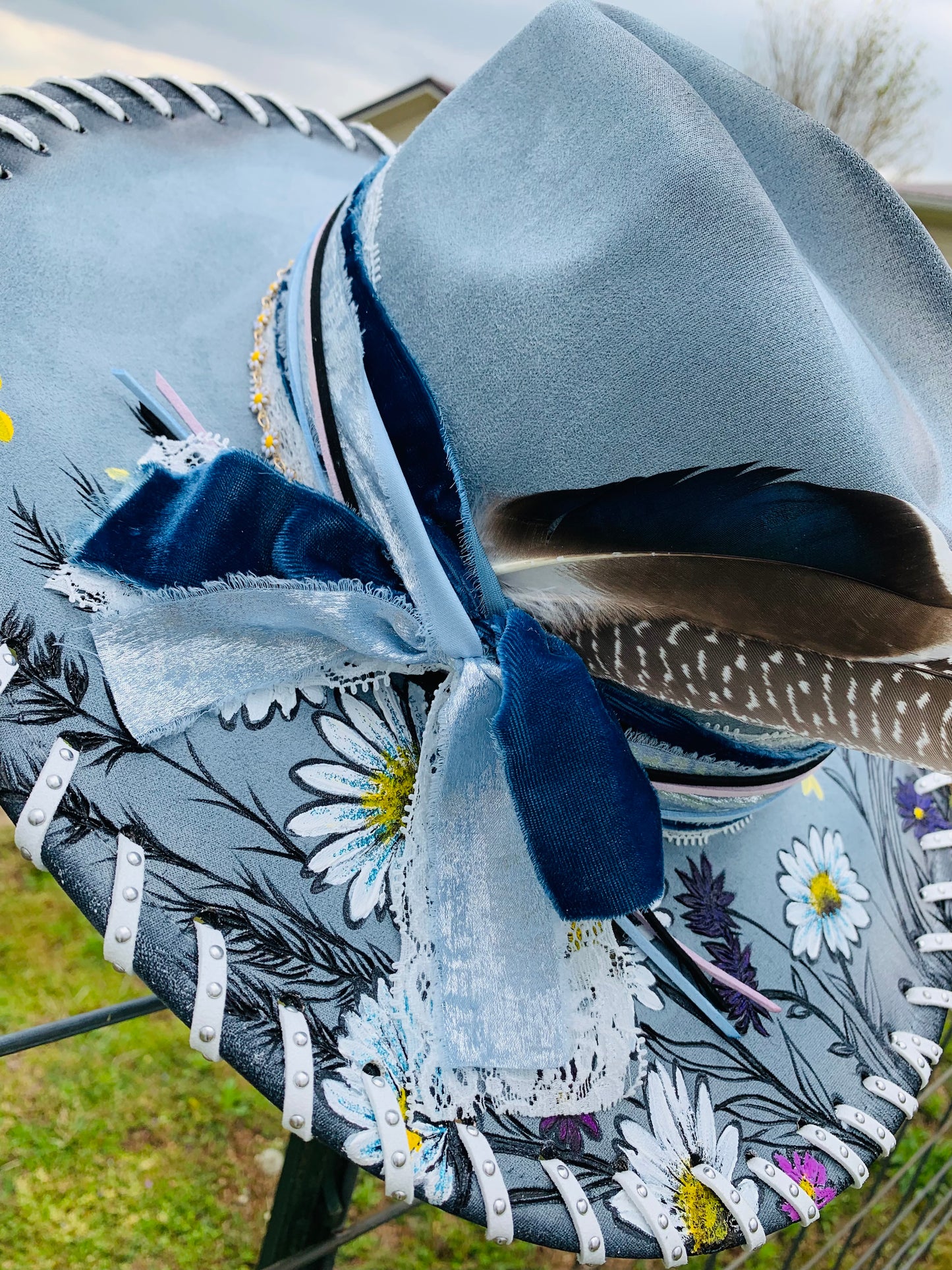 Hand Burned/Hand Painted Rancher Hat "Wild Daisies" Design