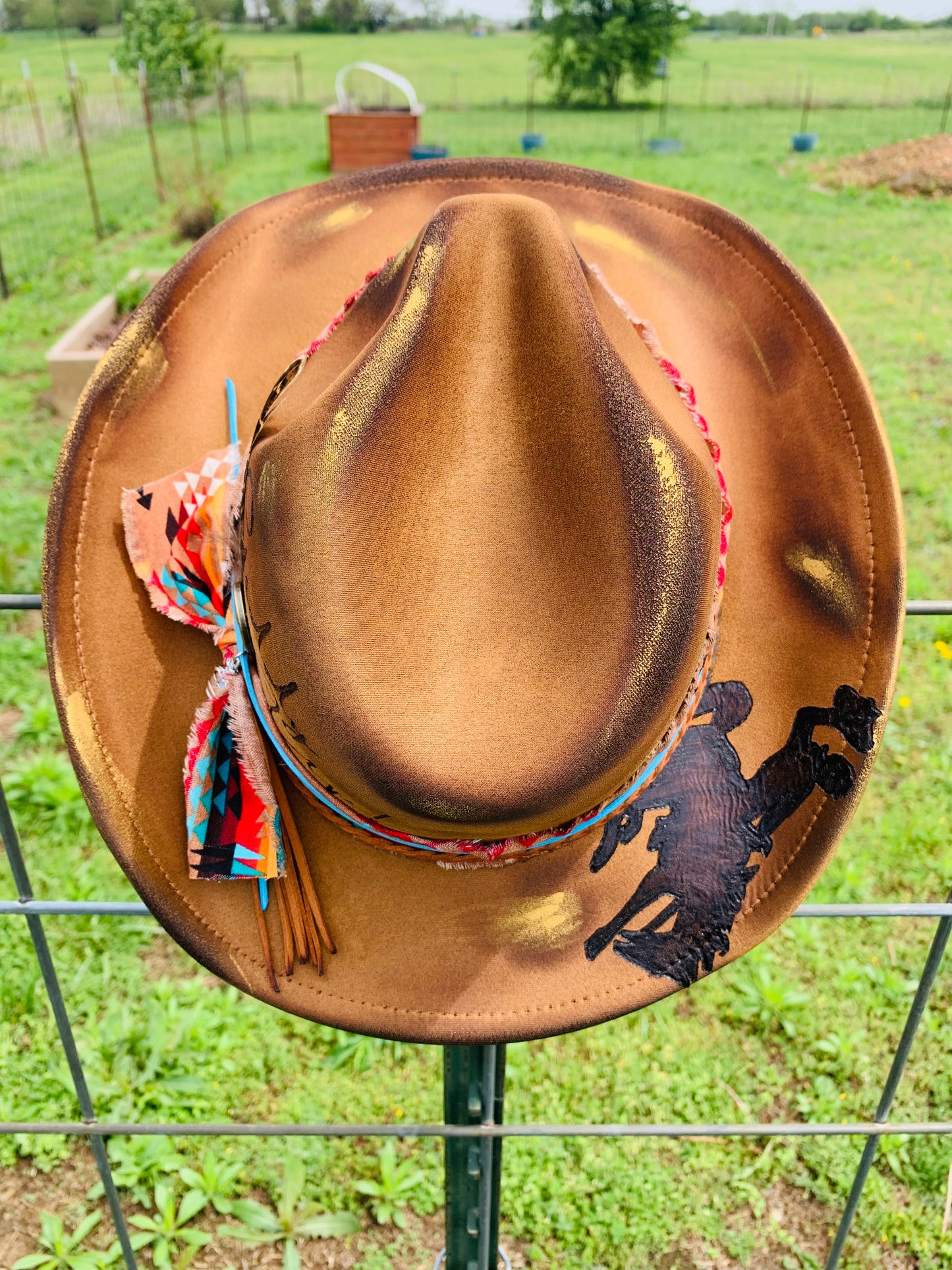 Hand Burned Youth Cowboy Hat with a Bronc Rider Design