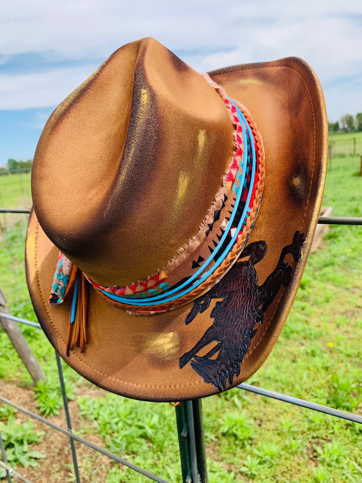 Hand Burned Youth Cowboy Hat with a Bronc Rider Design