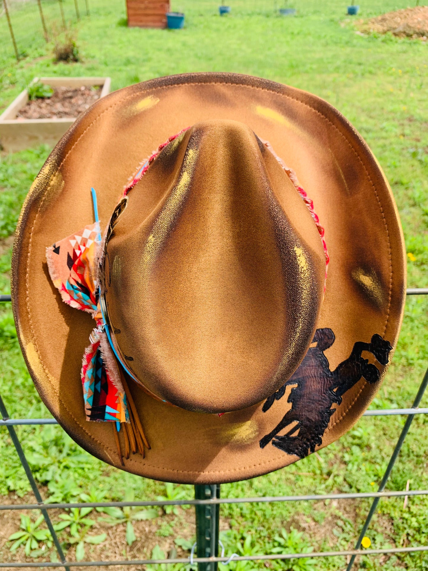 Hand Burned Youth Cowboy Hat with a Bronc Rider Design
