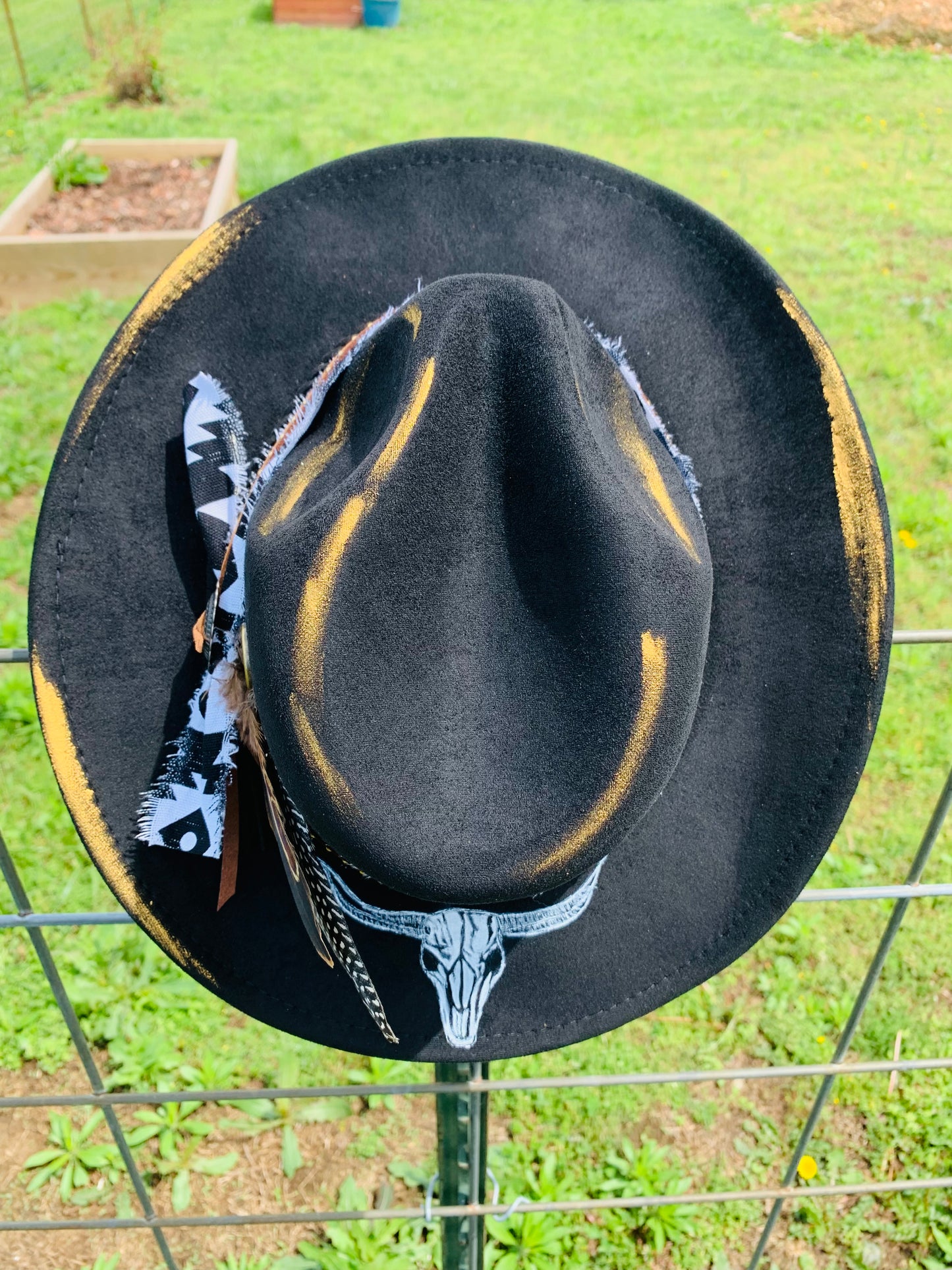 Hand Burned Youth Cowboy Hat with a Bull Skull Design