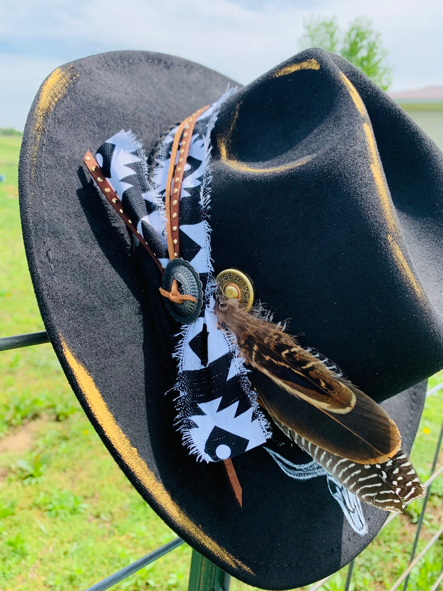 Hand Burned Youth Cowboy Hat with a Bull Skull Design