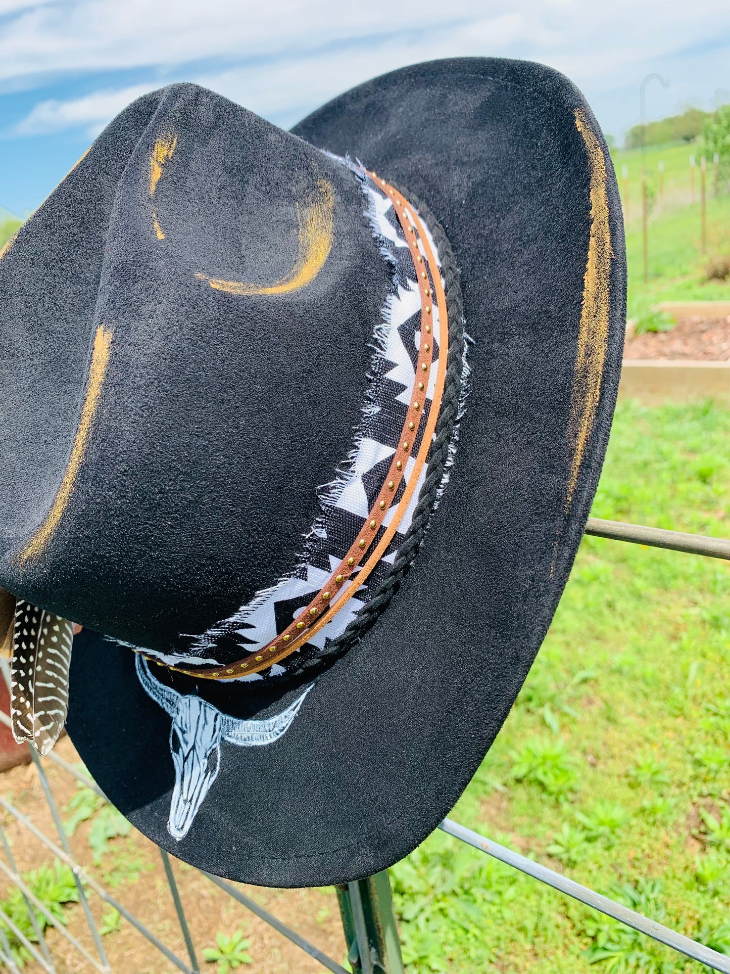 Hand Burned Youth Cowboy Hat with a Bull Skull Design
