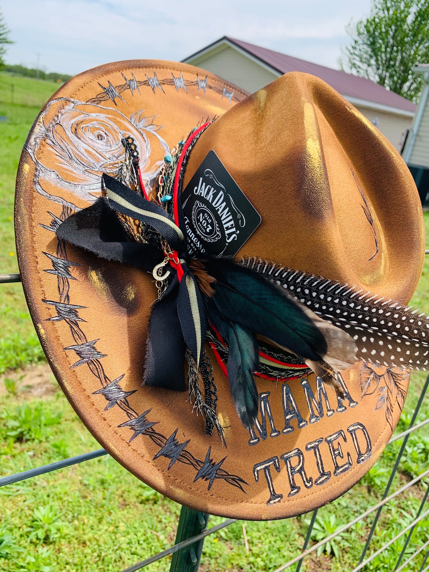 Hand Burned Rancher Hat "Mama Tried" Design