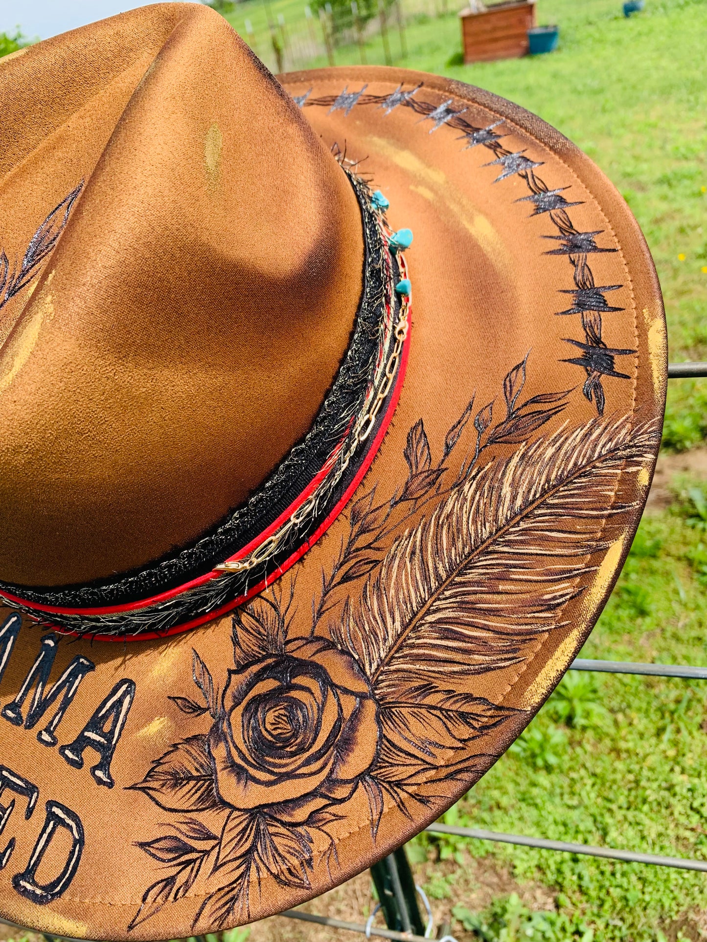 Hand Burned Rancher Hat "Mama Tried" Design