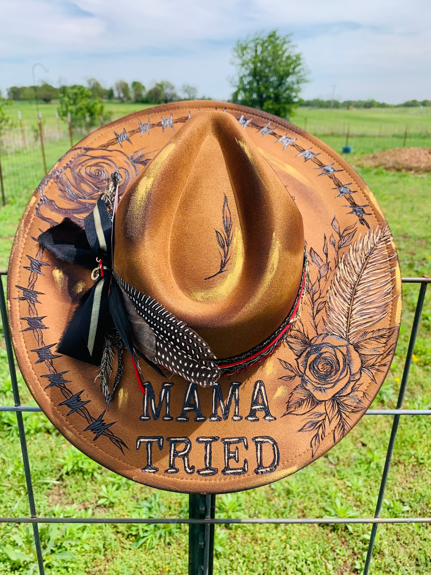 Hand Burned Rancher Hat "Mama Tried" Design