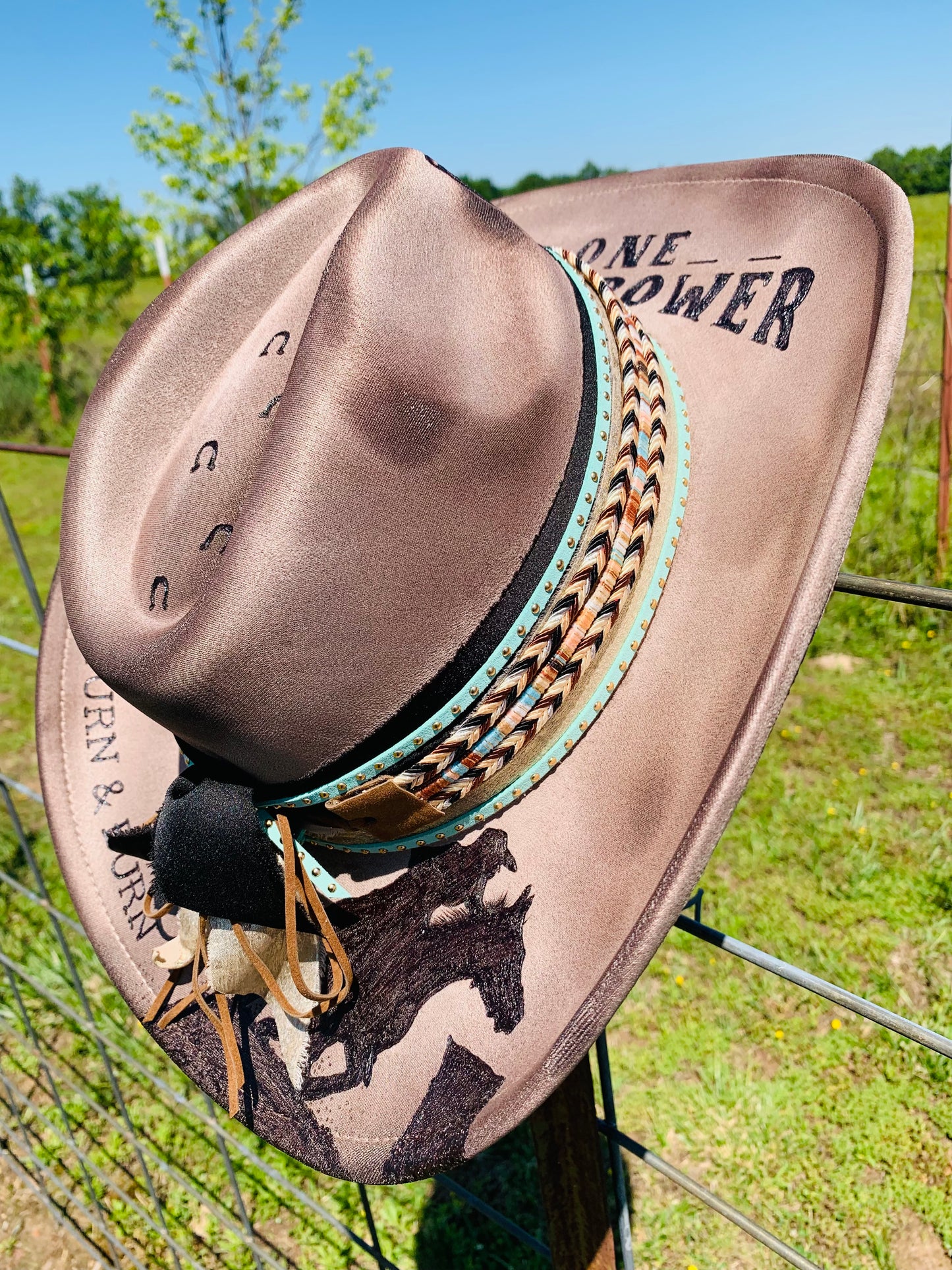 Hand Burned Cowboy Hat "One Horsepower" Design