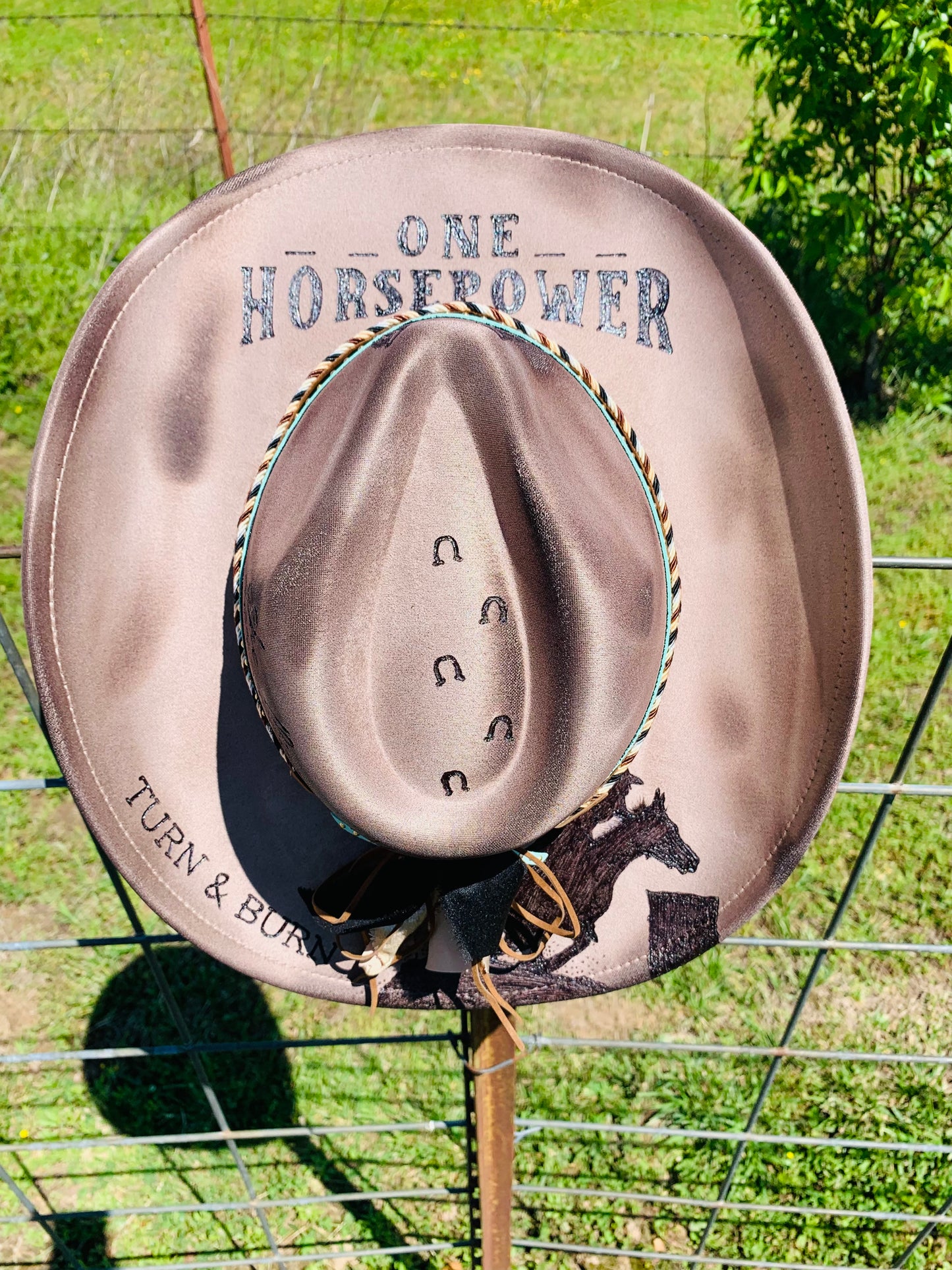 Hand Burned Cowboy Hat "One Horsepower" Design