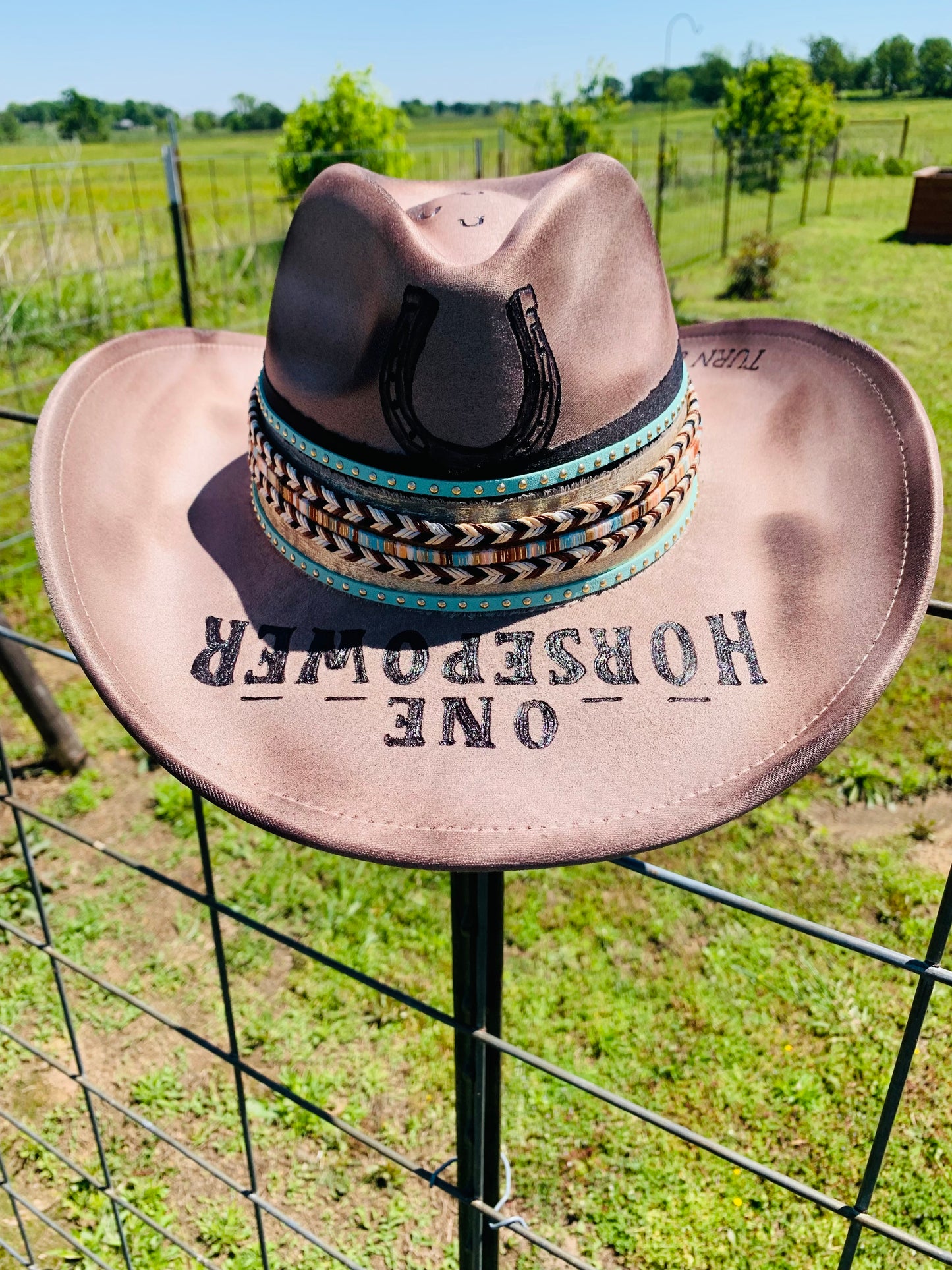 Hand Burned Cowboy Hat "One Horsepower" Design