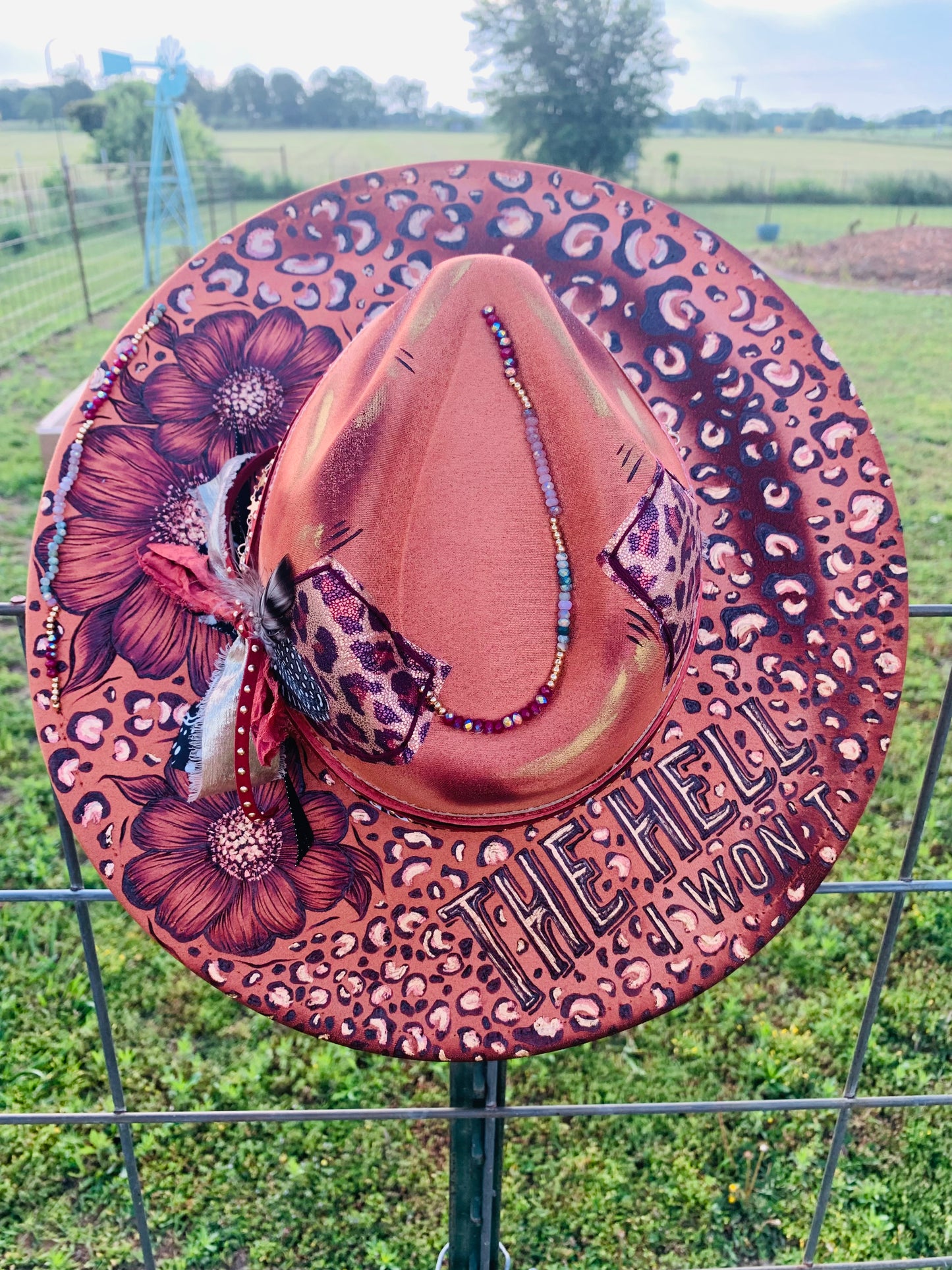 Hand Burned Rancher Hat "THE HELL I WON'T" Design