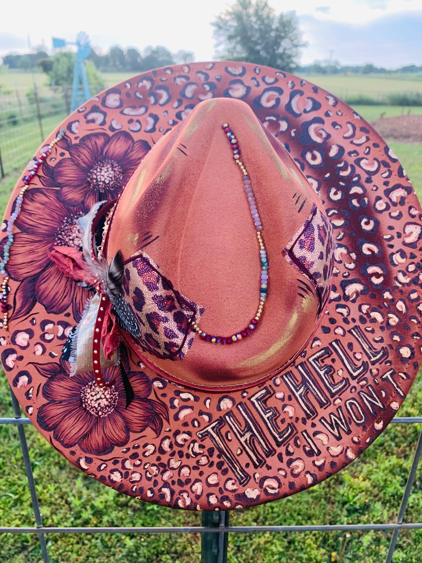 Hand Burned Rancher Hat "THE HELL I WON'T" Design