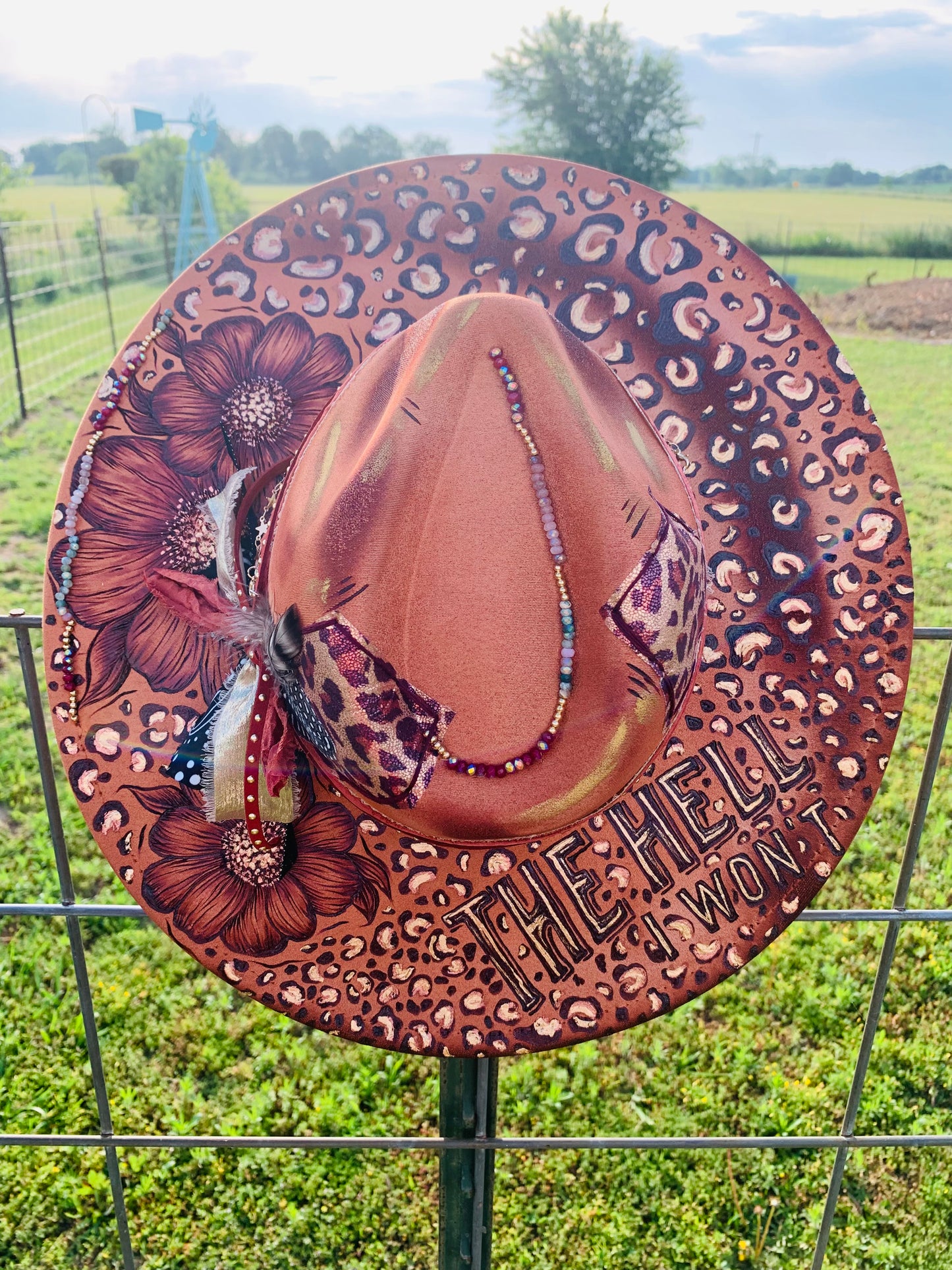 Hand Burned Rancher Hat "THE HELL I WON'T" Design