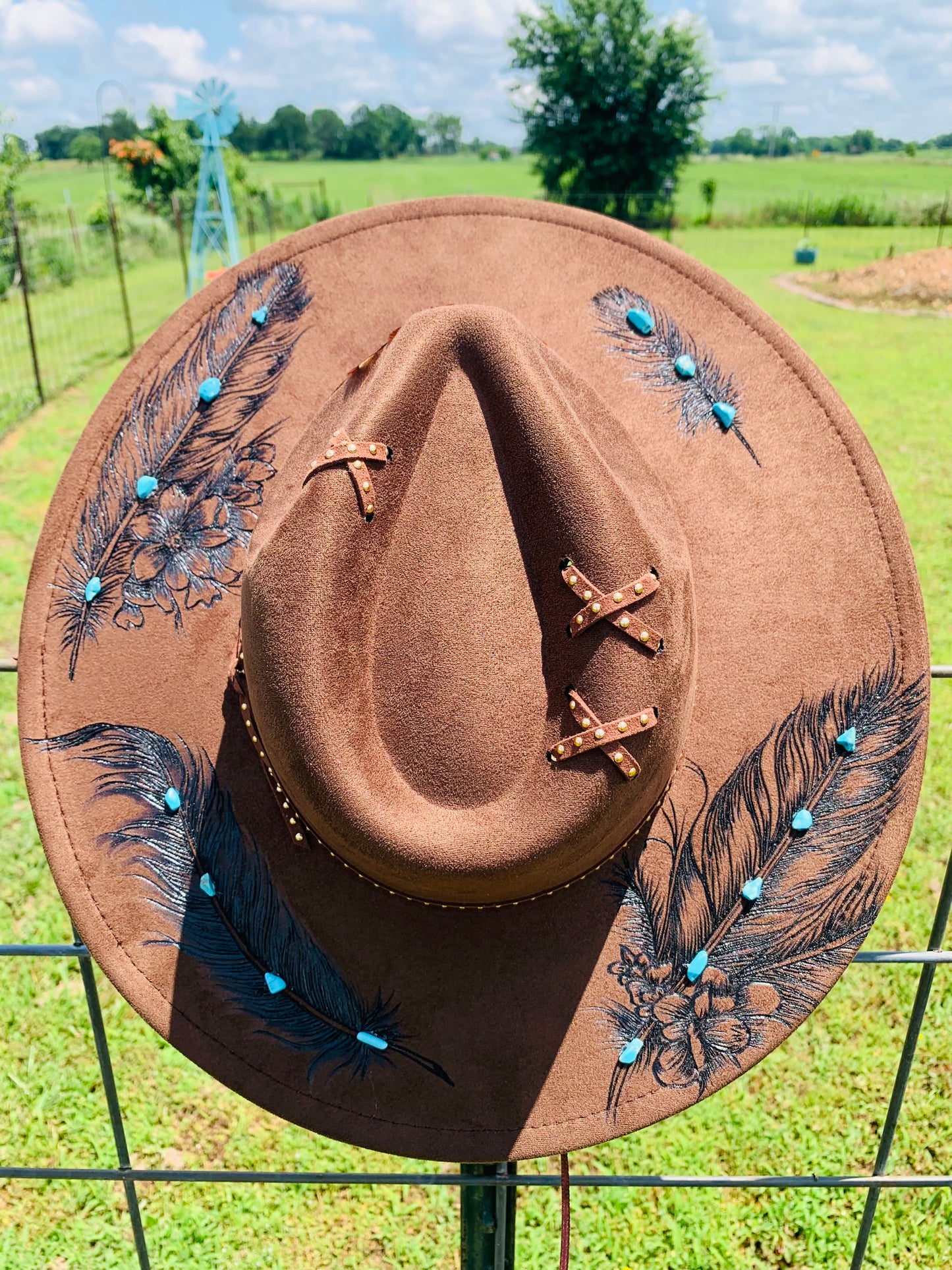 Hand Burned Rancher Hat "Native Feathers & Turquoise Stones" Design