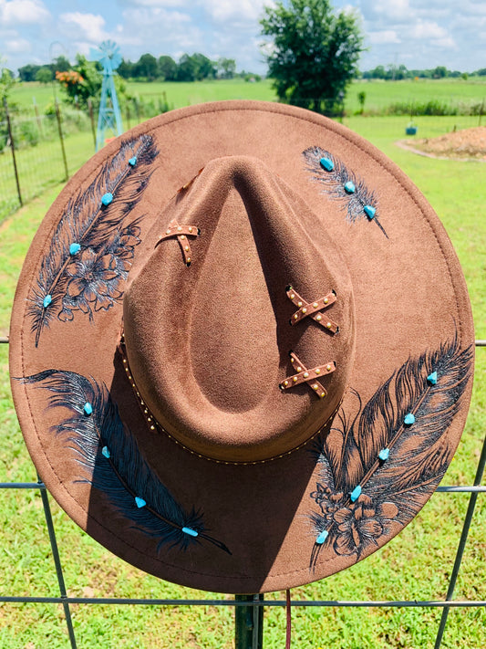 Hand Burned Rancher Hat "Native Feathers & Turquoise Stones" Design