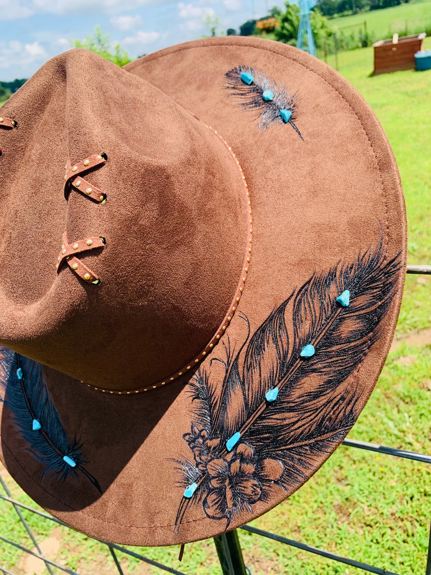Hand Burned Rancher Hat "Native Feathers & Turquoise Stones" Design